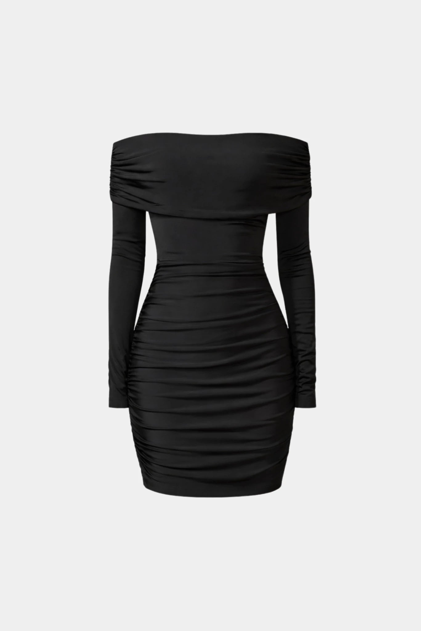 Vestido curto preto ombro a ombro com mangas longas e drapeado lateral
