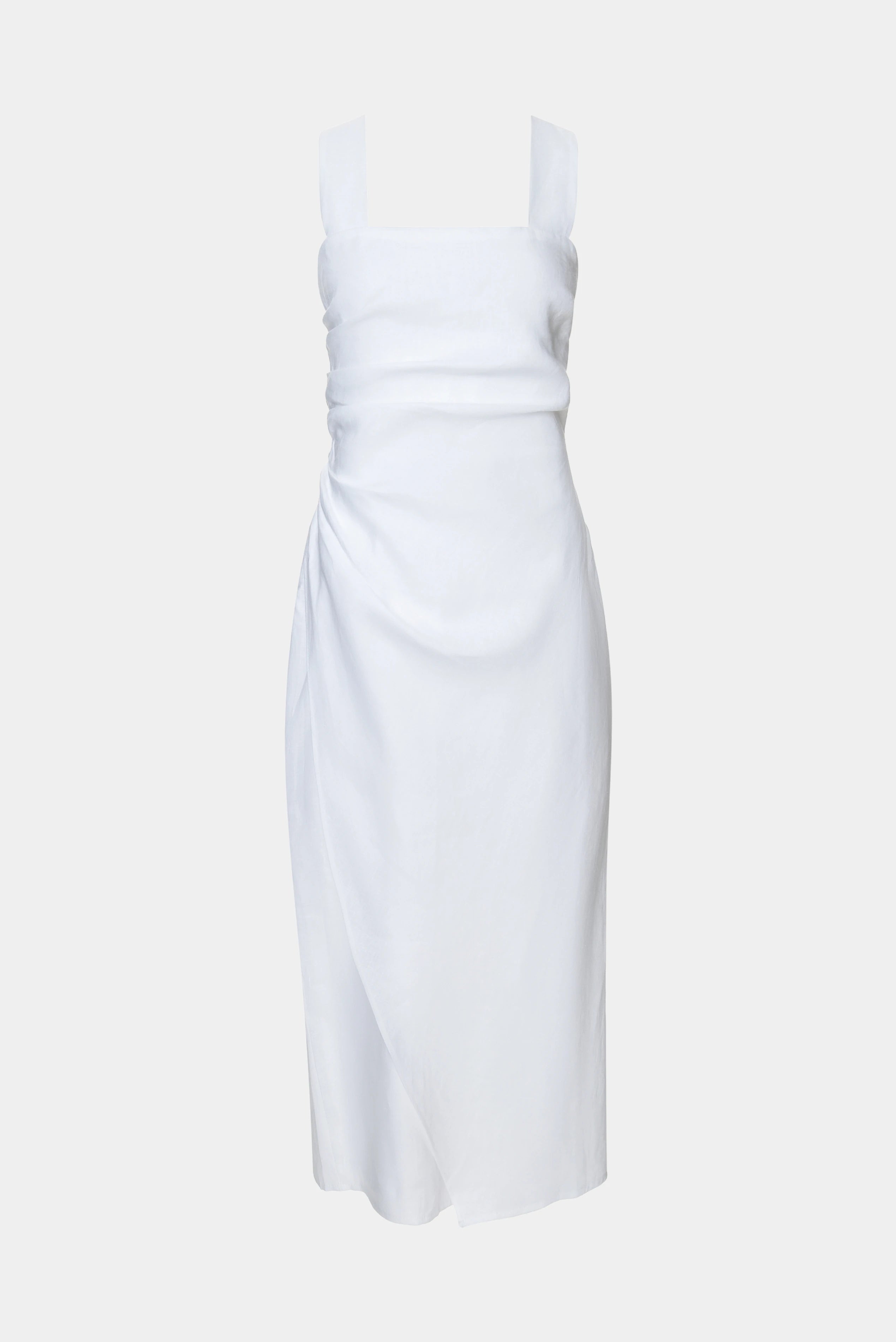Vestido Ombre Gaia branco midi com decote reto, alças largas e drapeado frontal