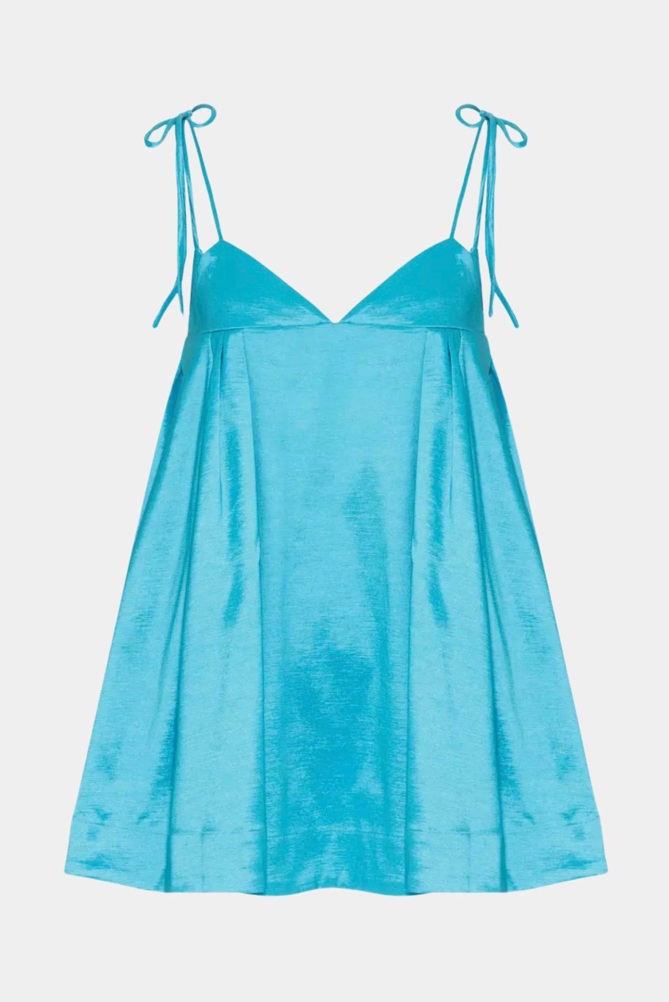 Vestido Curto de Festa Evasê Hami Gaia azul turquesa com decote V e alças para amarração
