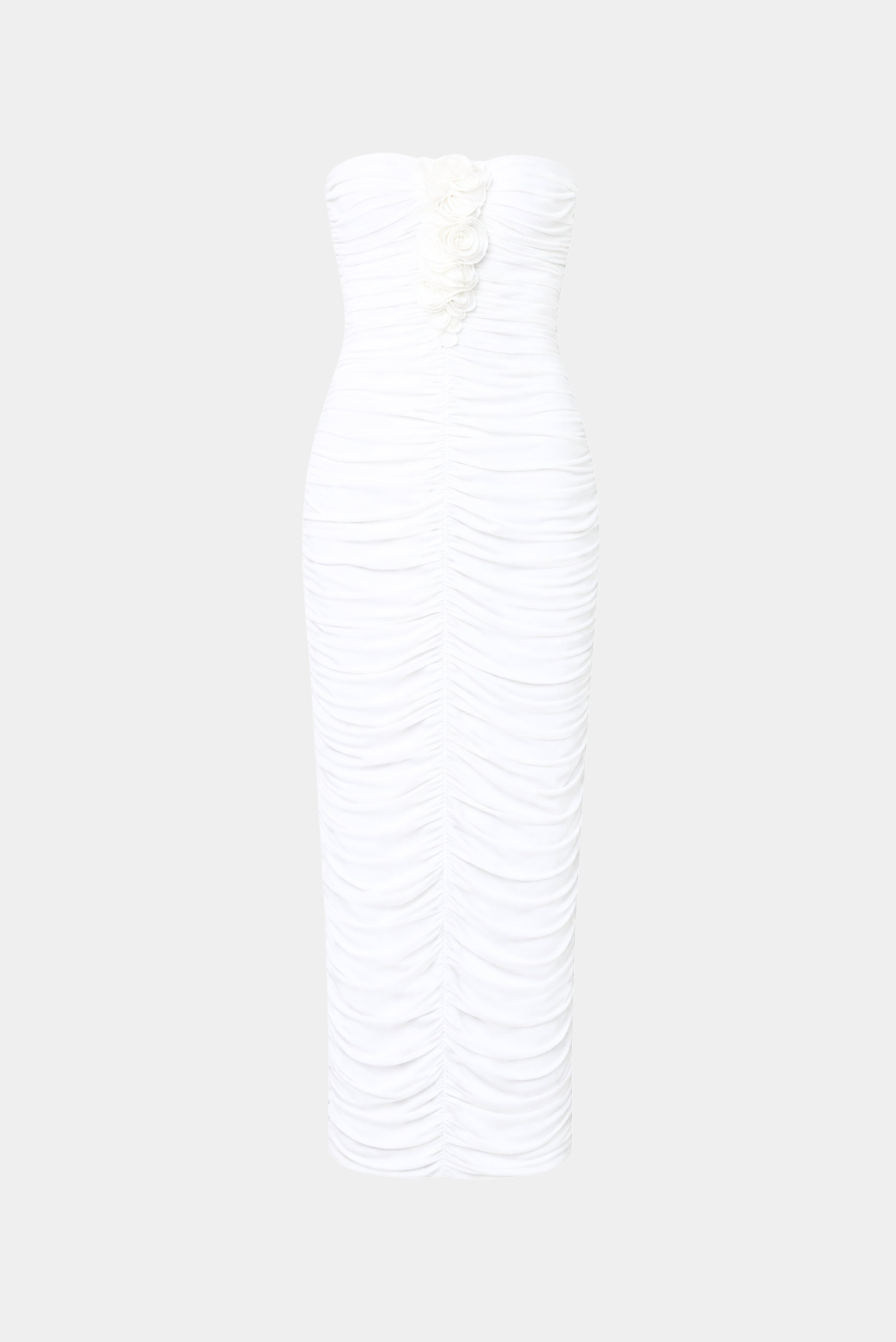 Vestido Midi Miranda fabulous off white tomara que caia com drapeado e aplicação floral frontal