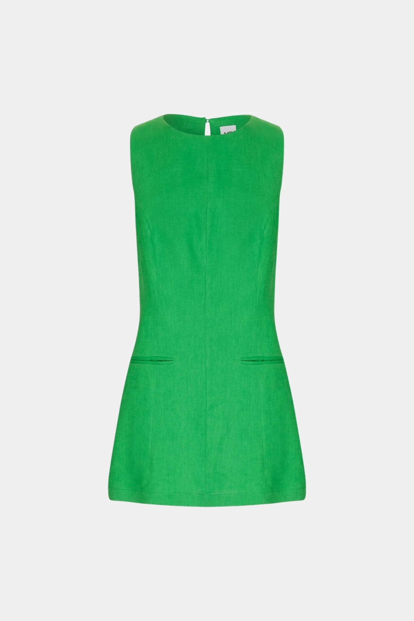 Vestido curto verde Jaia MR em linho com corte minimalista e bolsos embutidos