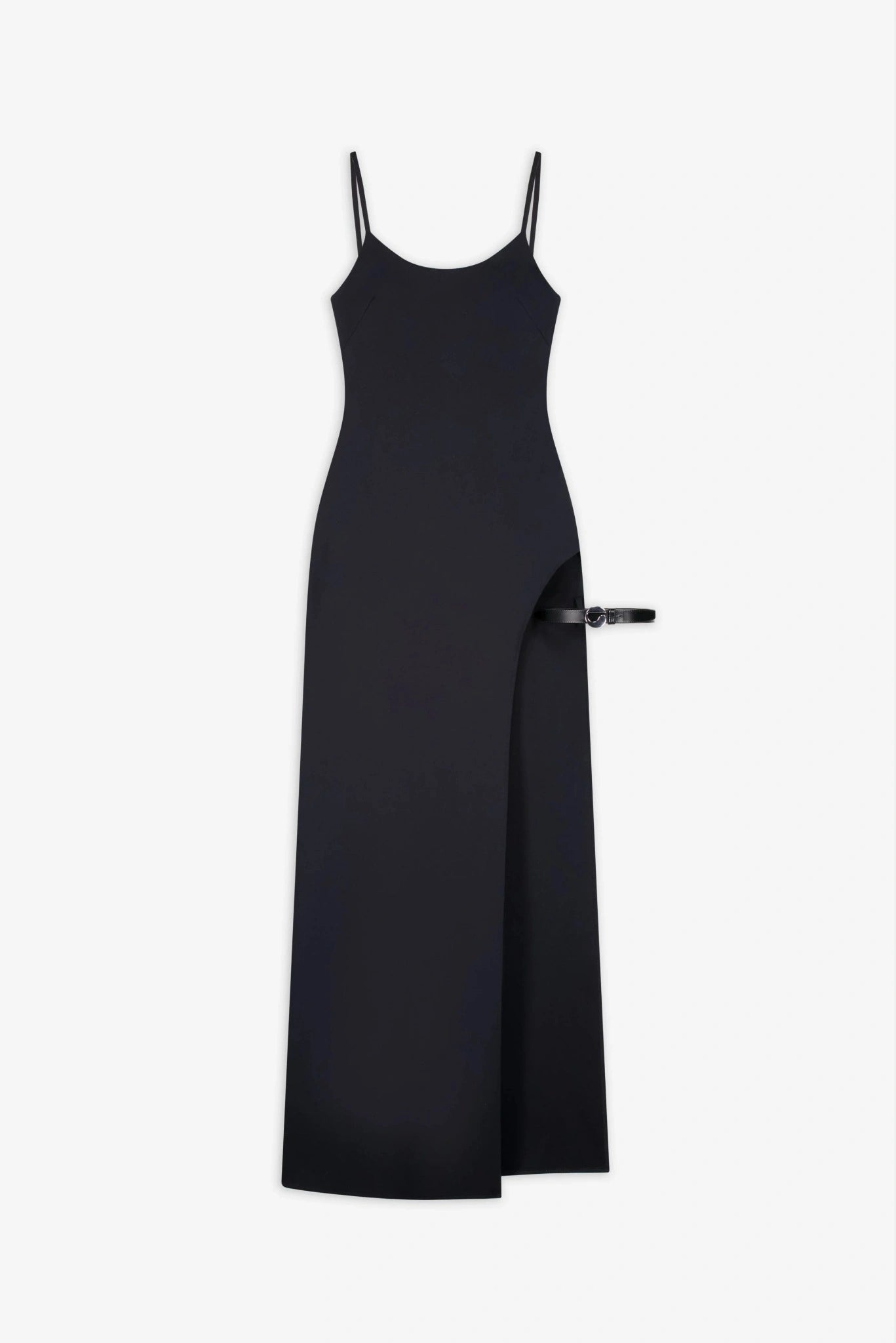 Vestido midi preto com fenda lateral e detalhe de tira na cintura Coperni
