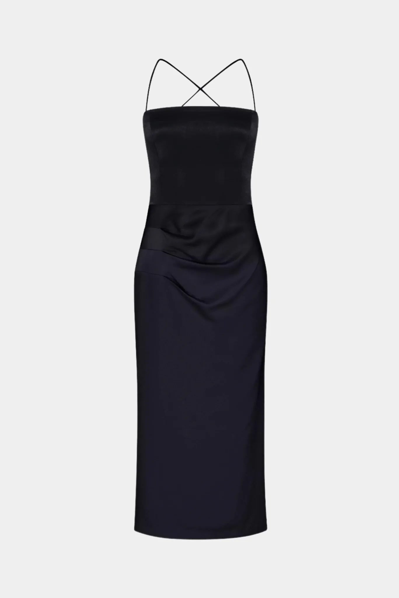 Vestido Midi Tressé Gaia preto com decote reto, alças finas cruzadas e drapeado lateral