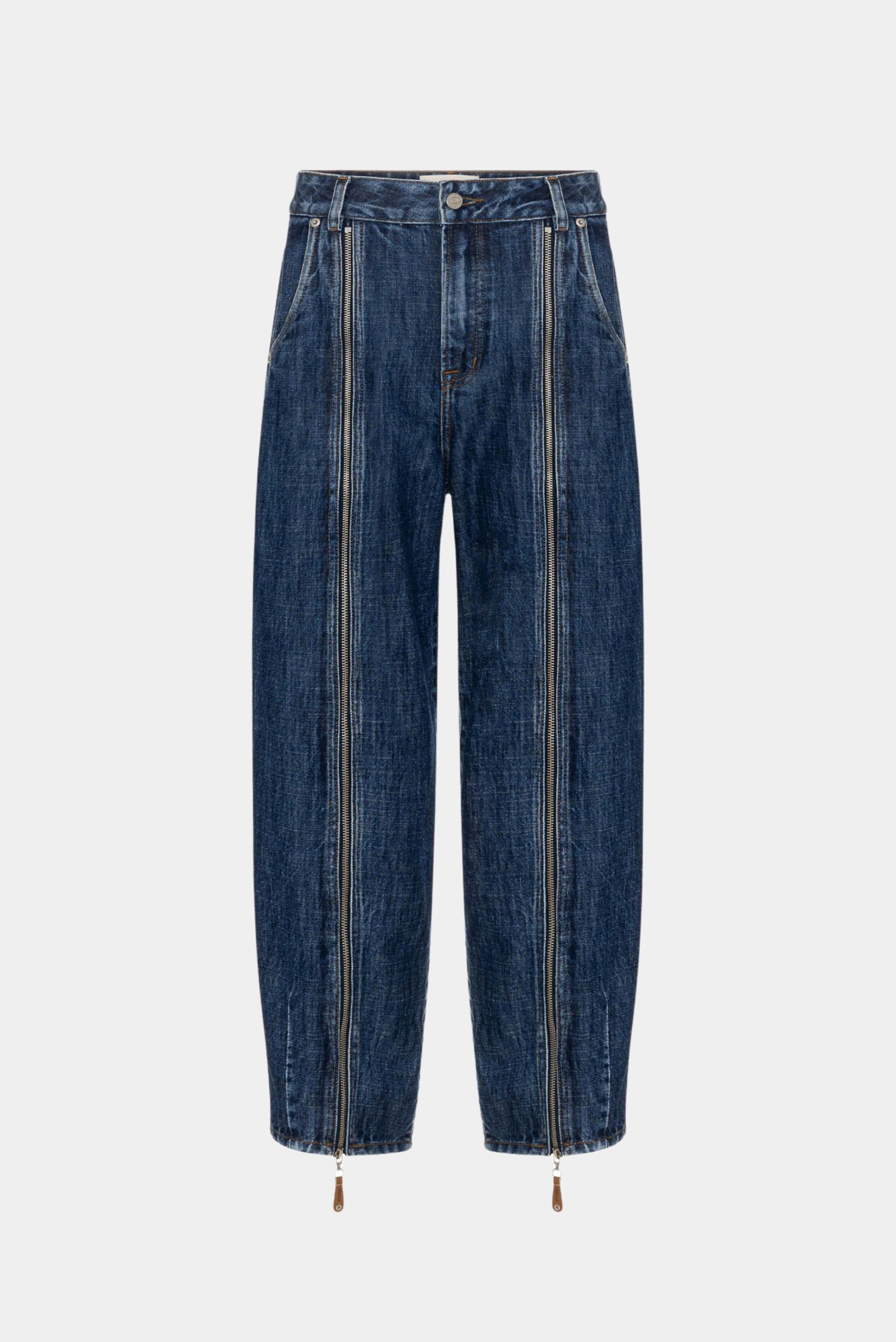 Calça jeans balloon azul escuro com zíperes frontais verticais e cintura alta LDnim