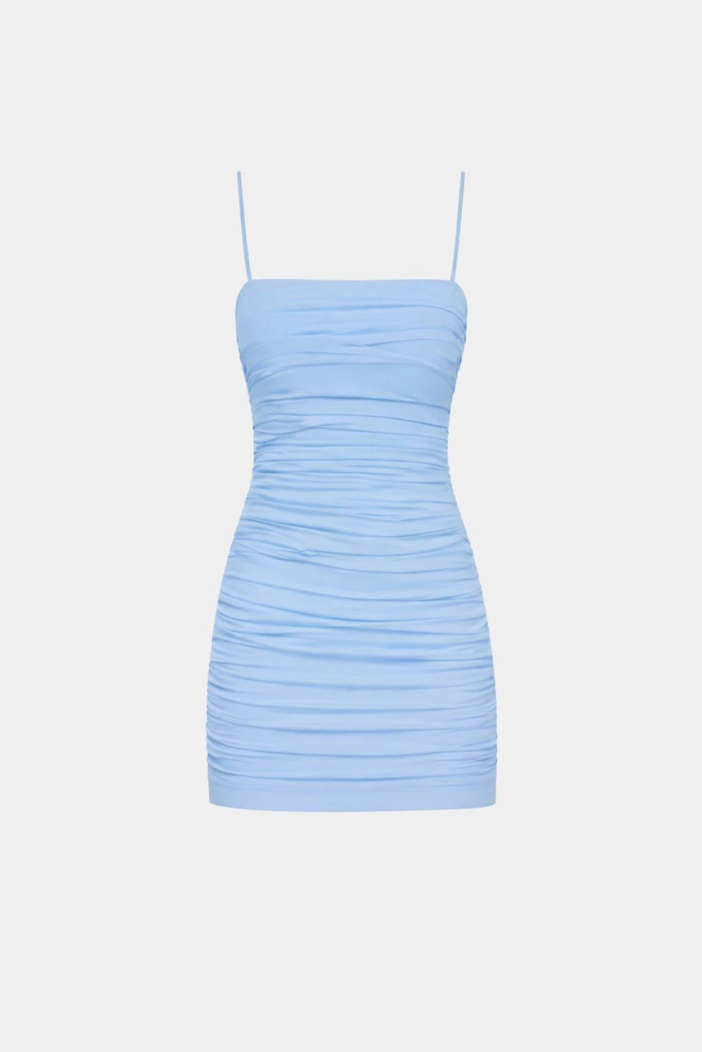 Vestido curto drapeado azul claro Hailey MR com alças finas e caimento ajustado ao corpo