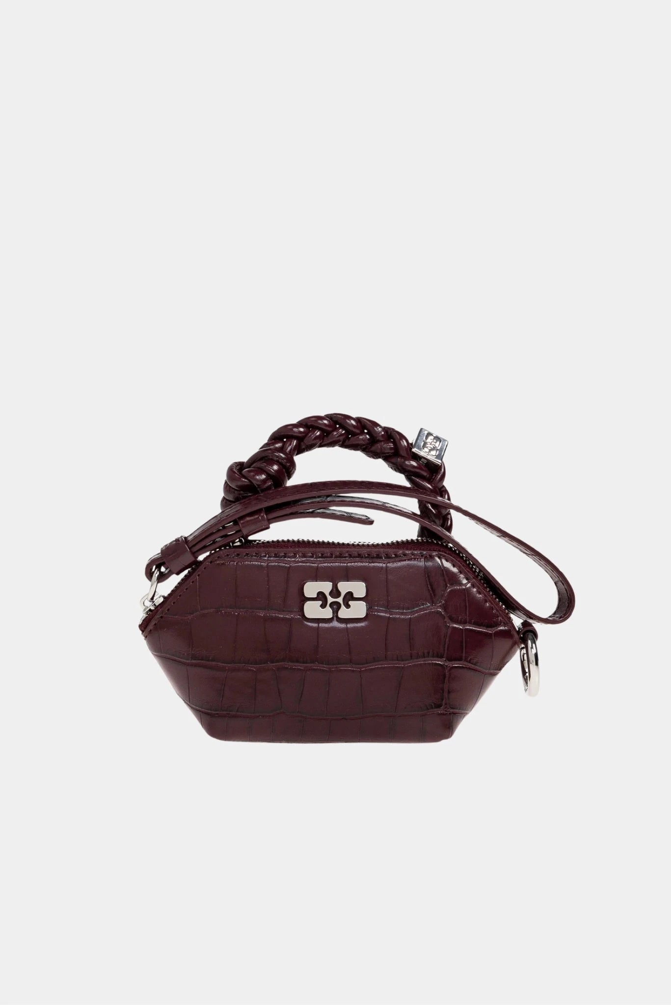 Bolsa Bou Nano Ganni bordô com textura croco, alça trançada e logo metálico frontal