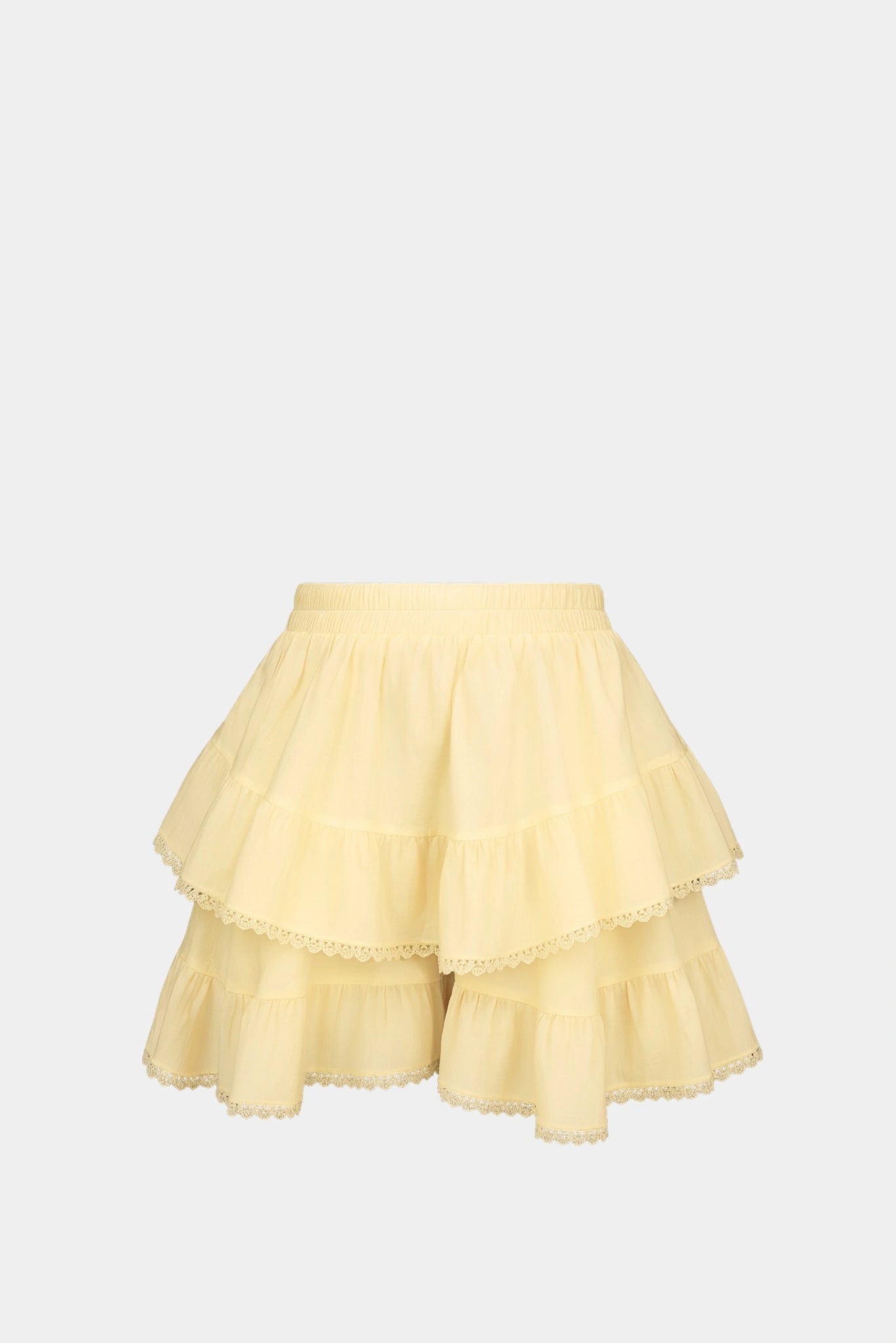 Saia com babados amarelo claro Izabel Gaia em camadas com acabamento rendado