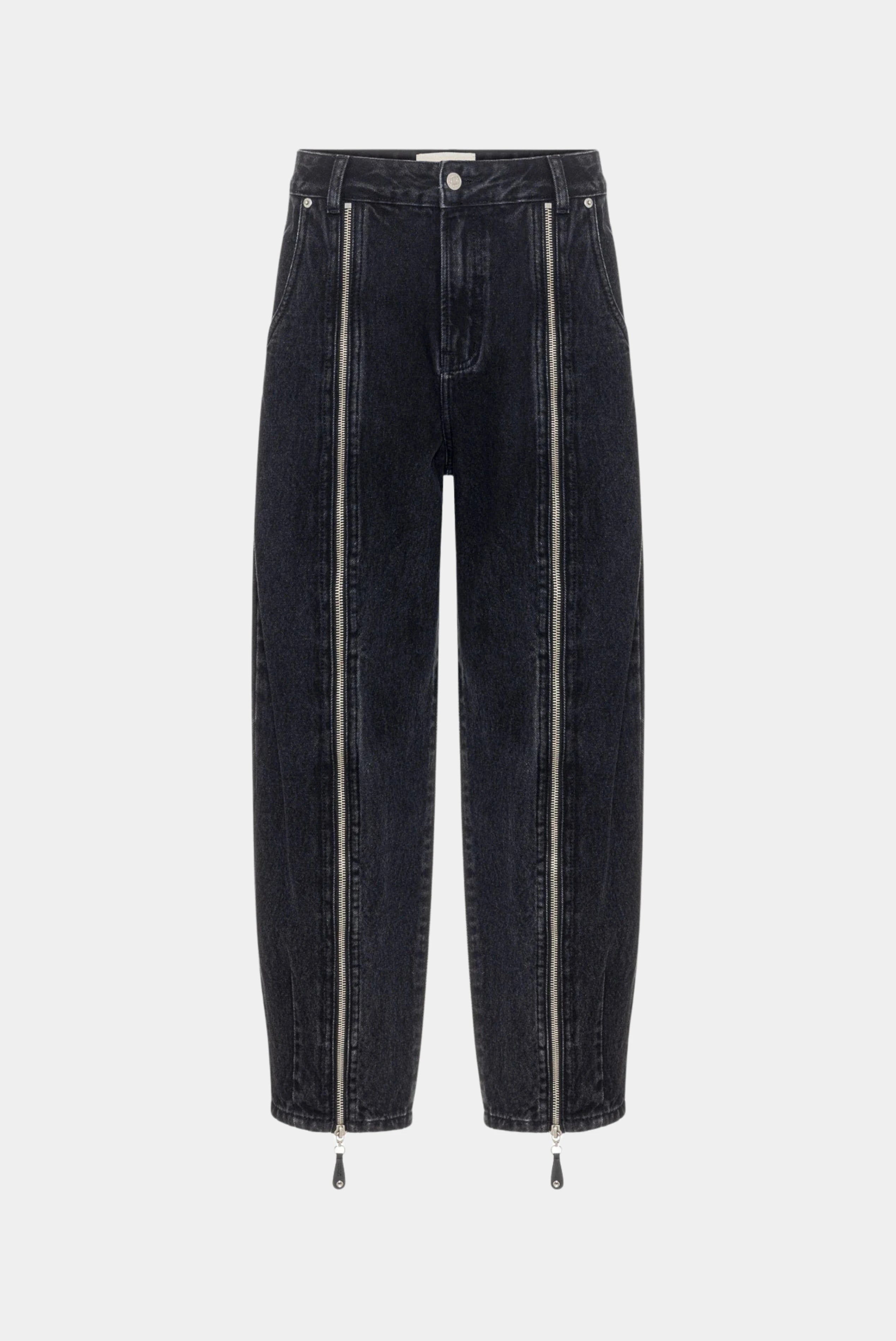 Calça jeans balloon escura com zíperes frontais aparentes e modelagem ampla