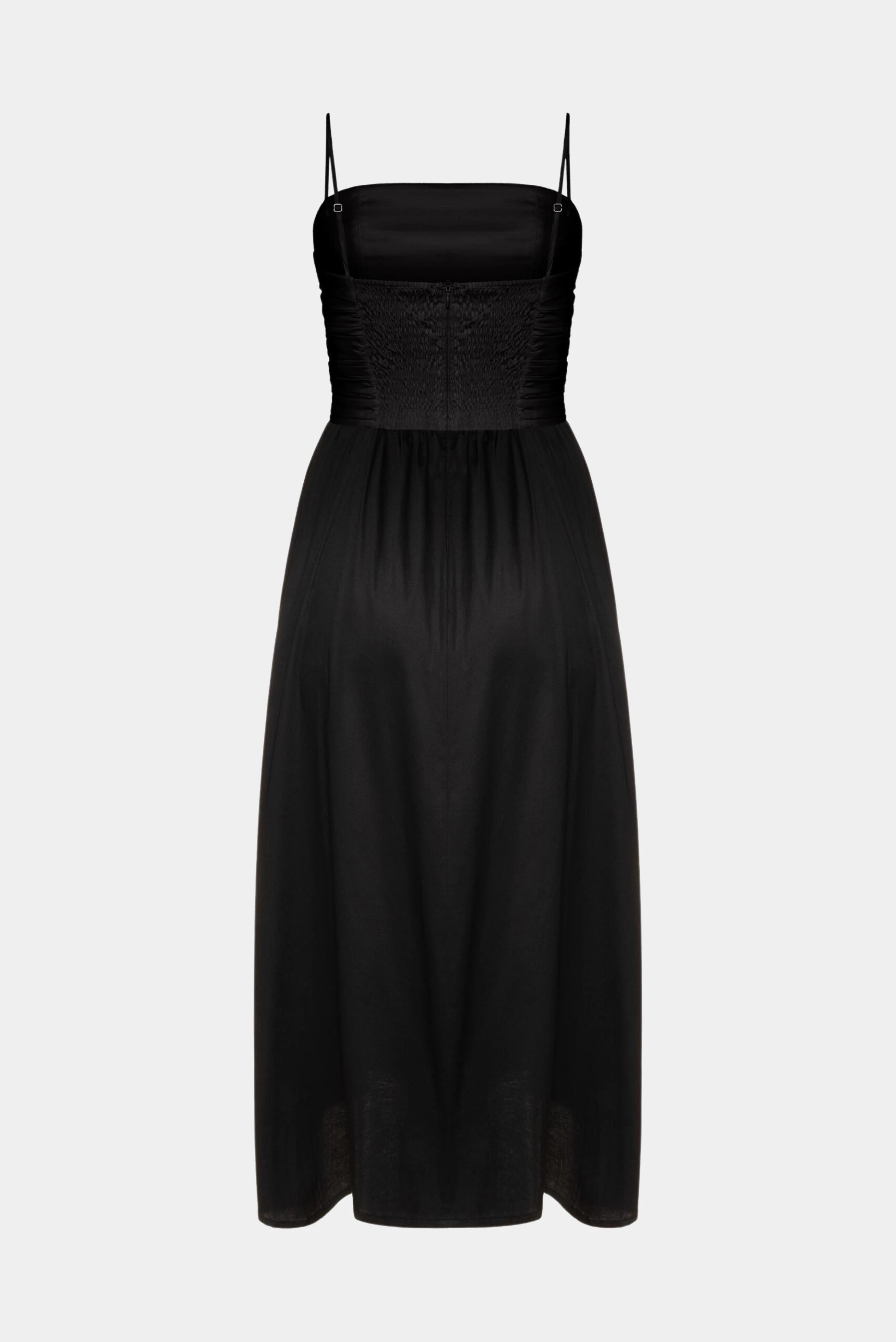 Vestido Midi Drapeado Sophie Gaia preto com costas em lastex e saia de caimento leve
