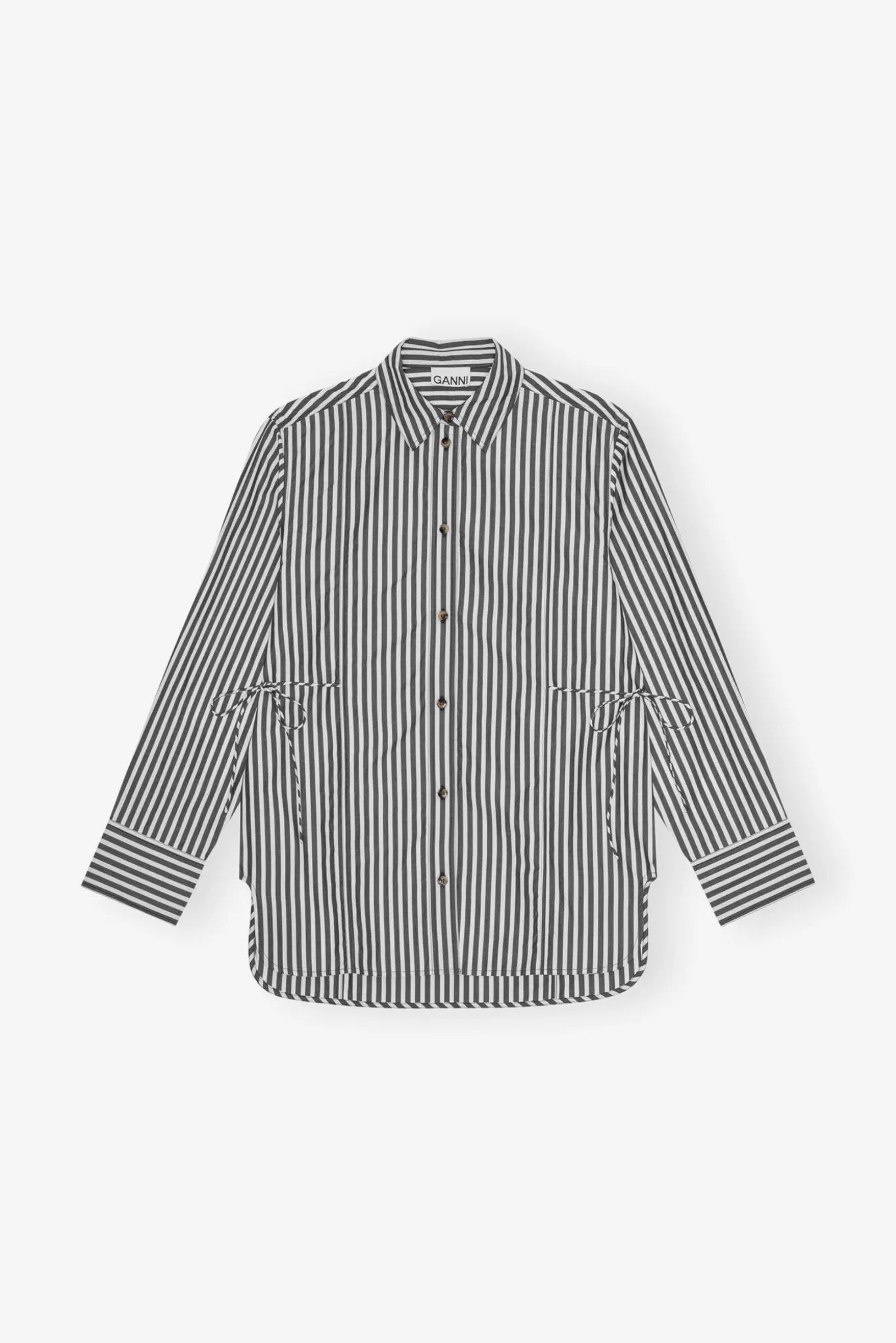 Camisa Ganni listrada preta e branca em popeline com cordões laterais para amarração