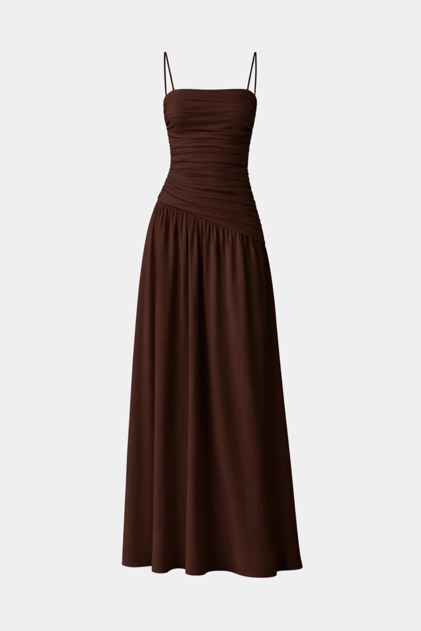 Vestido longo drapeado Elle MR marrom com alças delicadas e caimento elegante