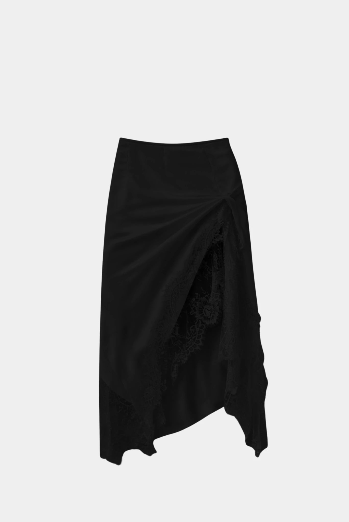 Saia Rosalia Gaia preta com detalhe drapeado, renda floral e caimento assimétrico elegante