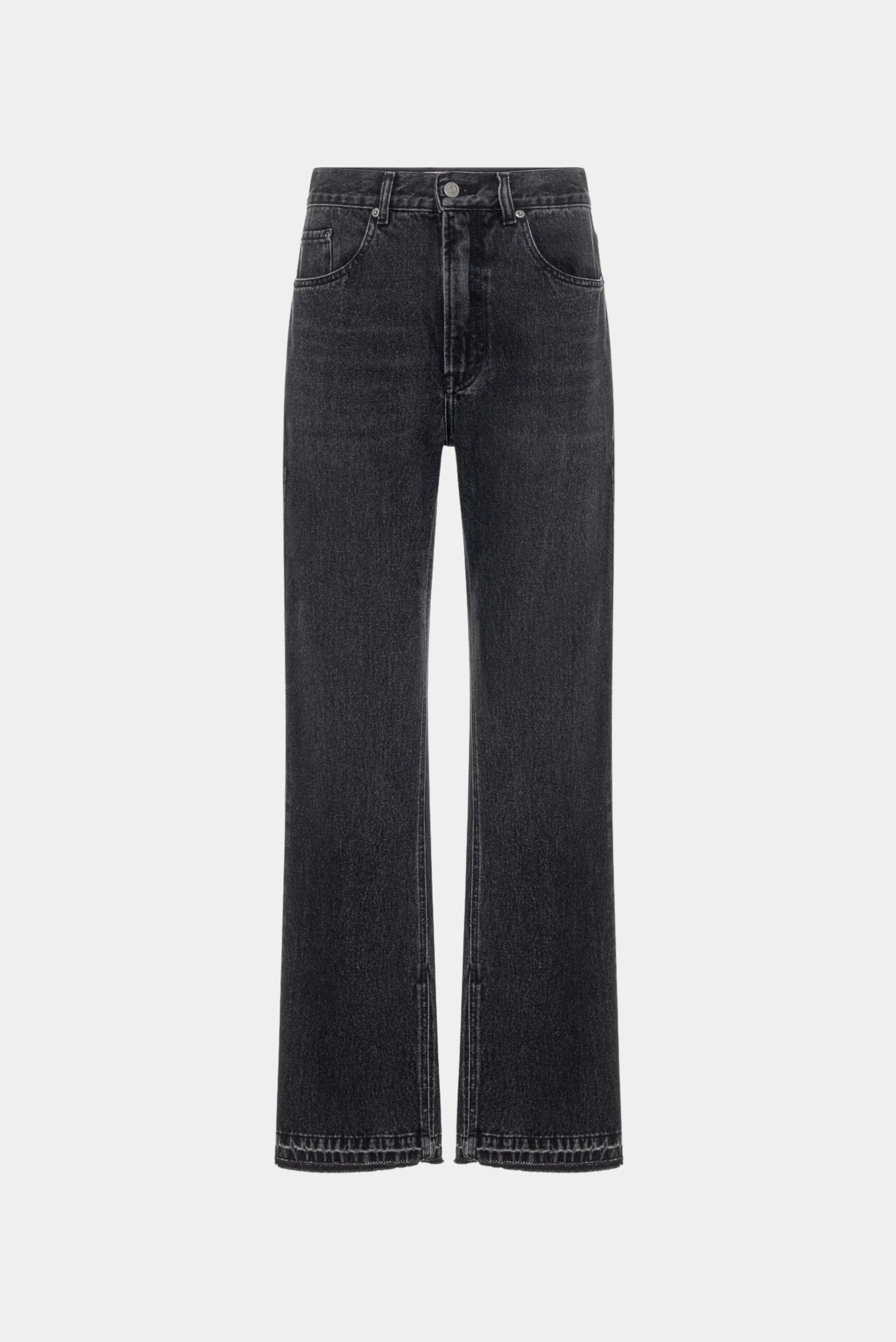 Calça jeans 90s preta de cintura alta com modelagem reta e fenda frontal na barra LDnim