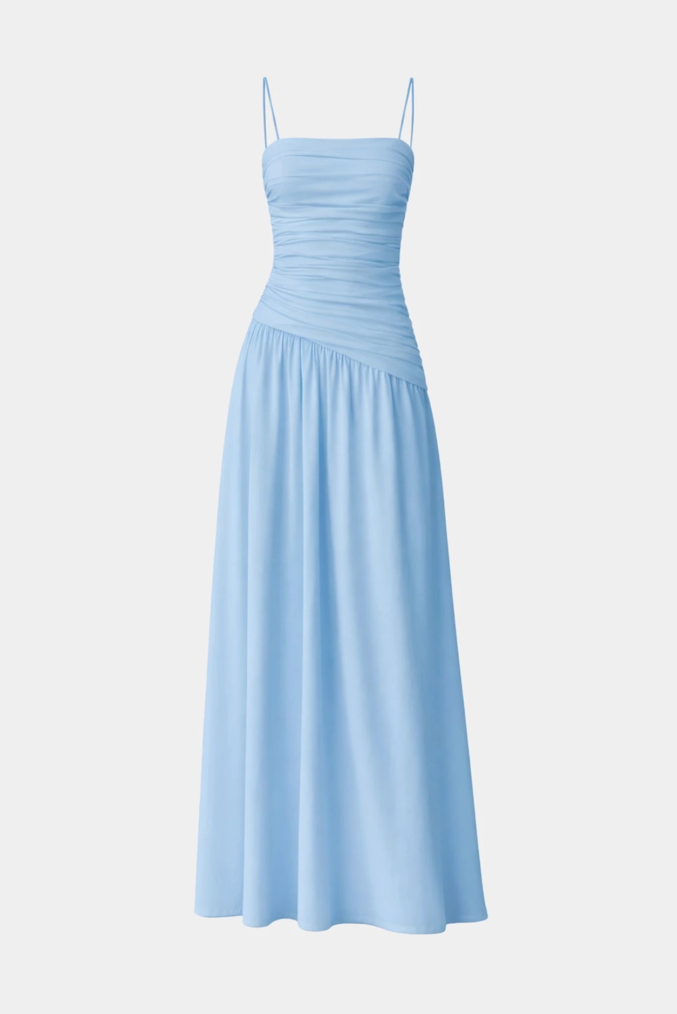 Vestido longo drapeado Elle MR azul claro com modelagem elegante e caimento leve