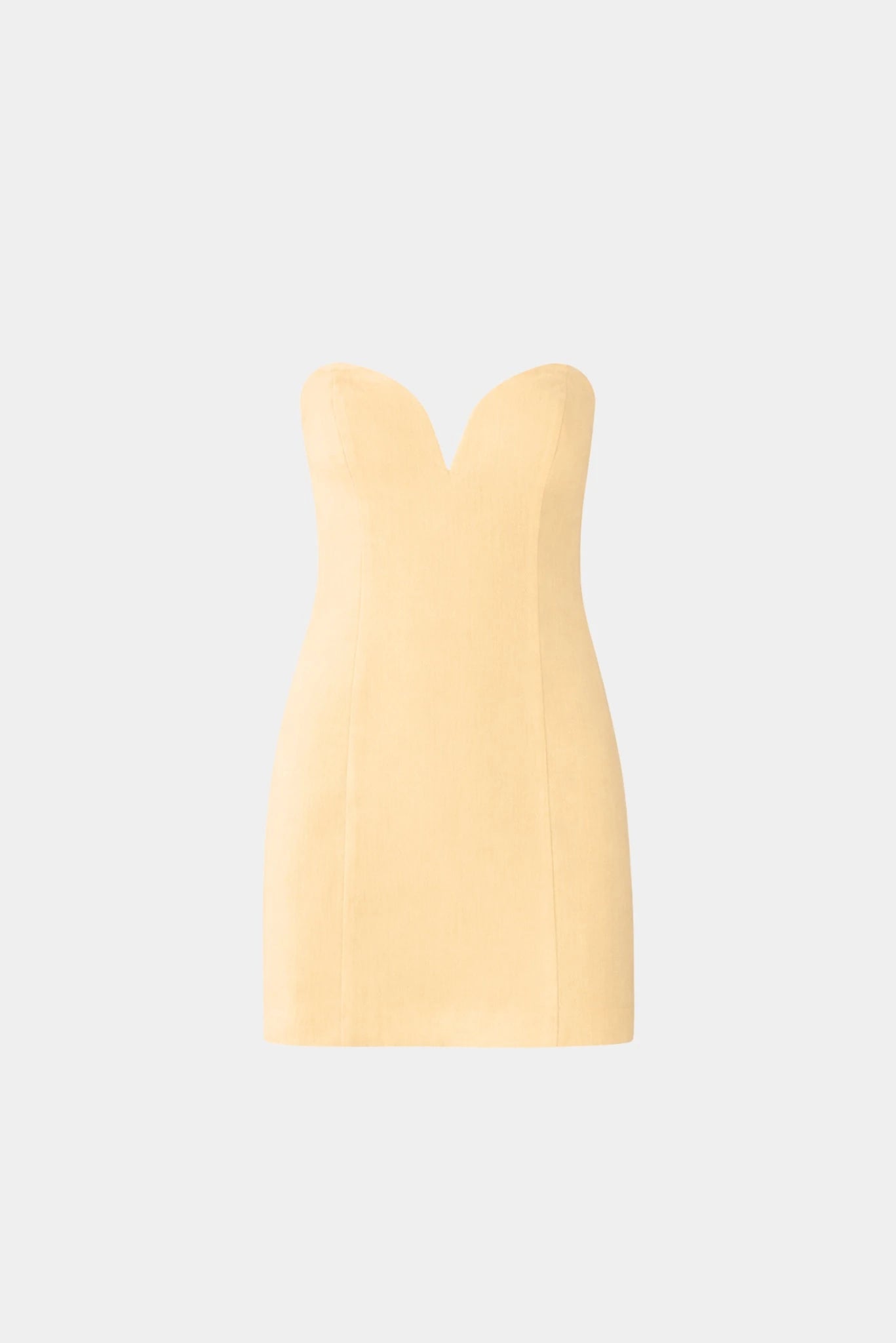 Vestido Curto Linho Nina MR amarelo claro tomara que caia com decote coração e modelagem ajustada