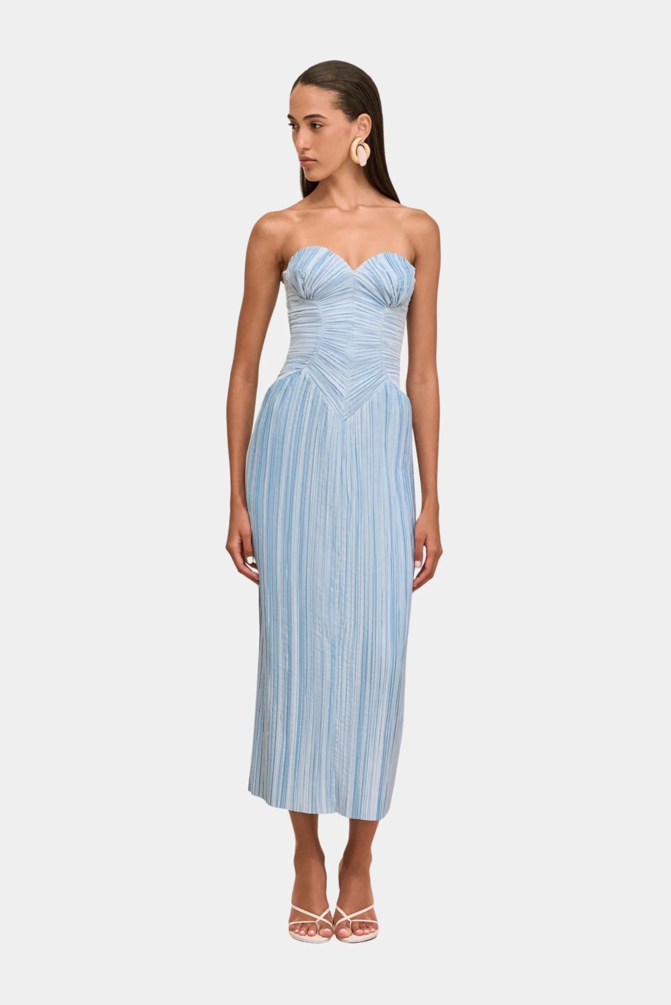 Vestido Ashika Cult Gaia azul-claro com busto estruturado e saia reta midi