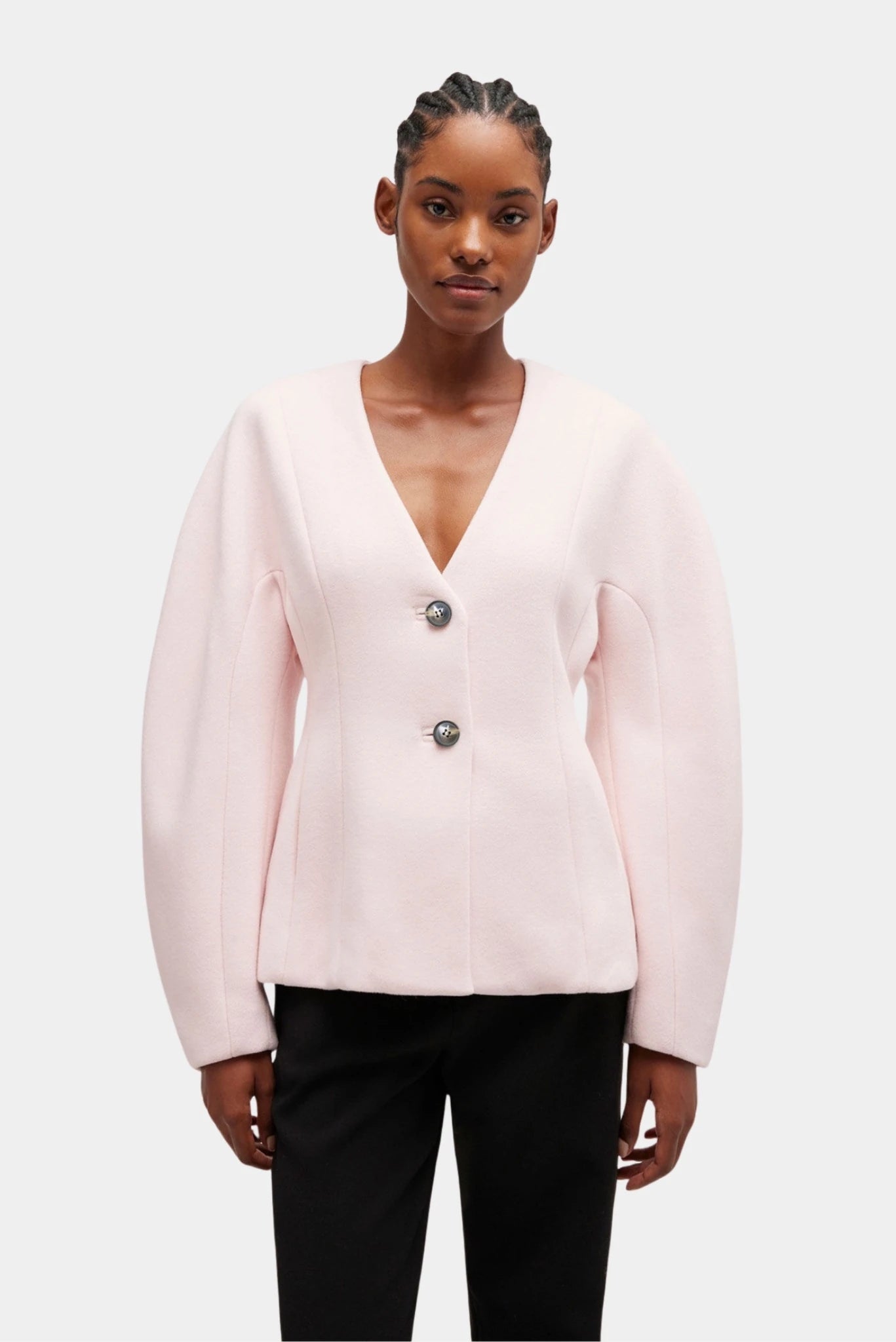 Blazer ajustado Ganni em lã rosa-claro com decote V e mangas volumosas