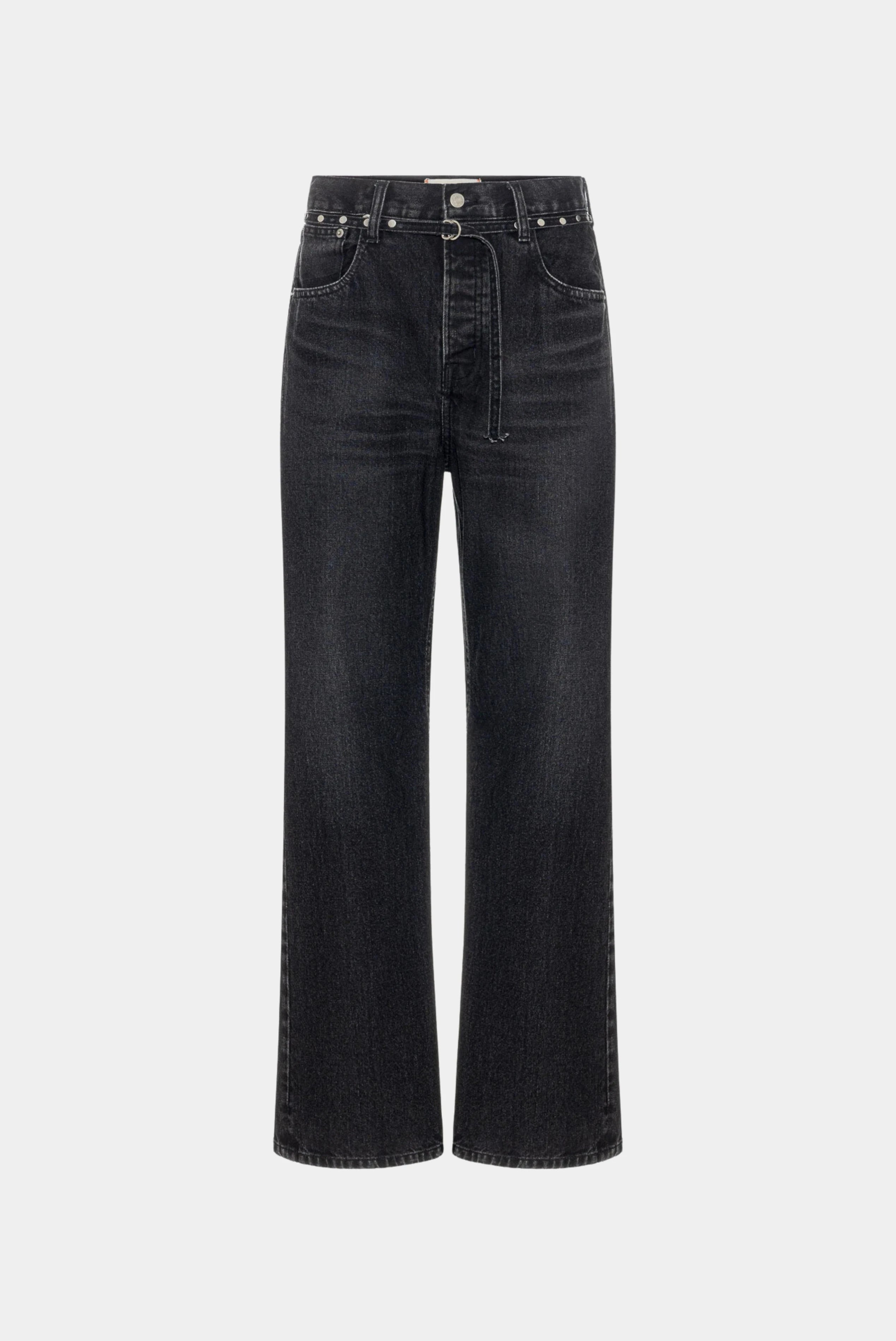 Calça jeans preta loose de cintura alta com botões e rebites metálicos na parte frontal