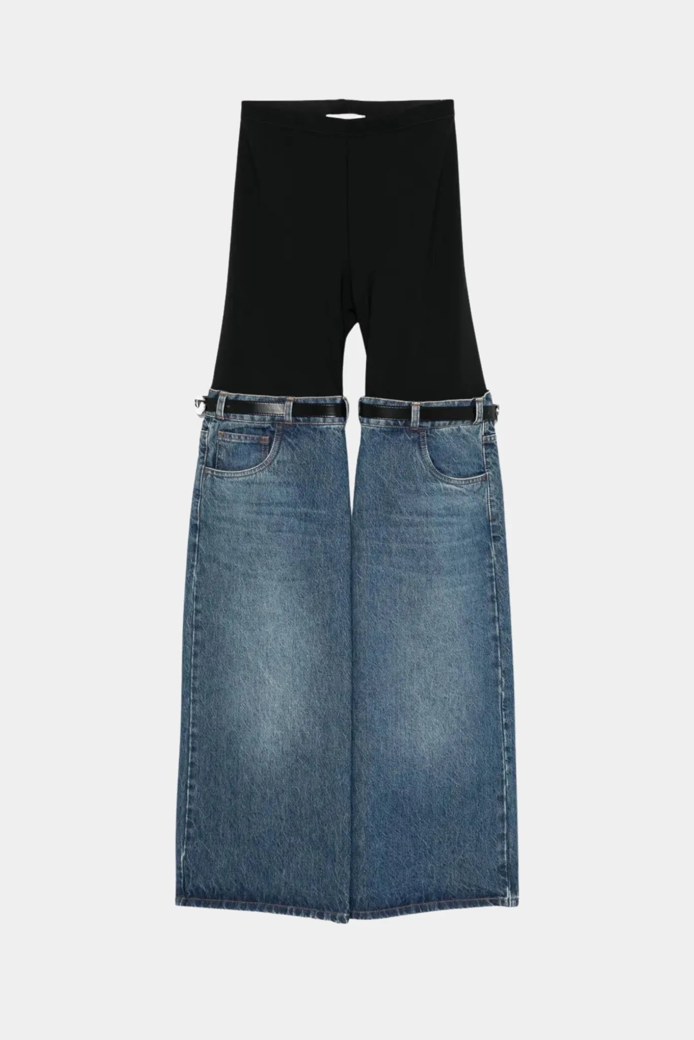 Calça hybrid Coperni com legging preta e jeans azul oversized