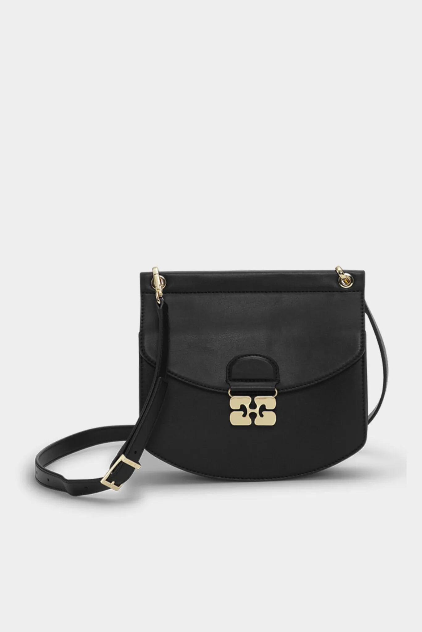 Bolsa transversal Ganni Apo-G preta com aba frontal e fecho metálico dourado