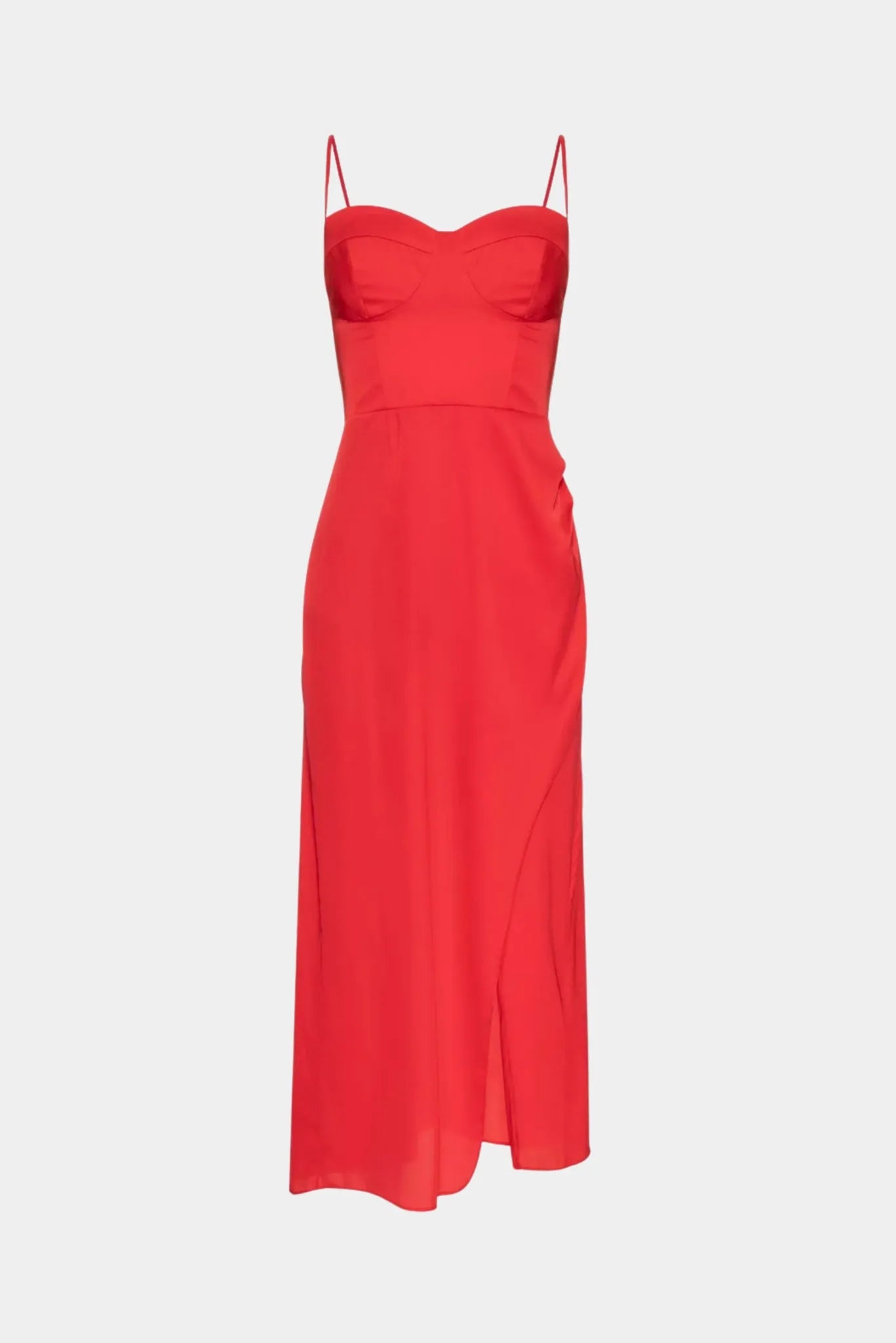 Vestido midi Annabelle Gaia vermelho com alças finas, busto estruturado e fenda frontal
