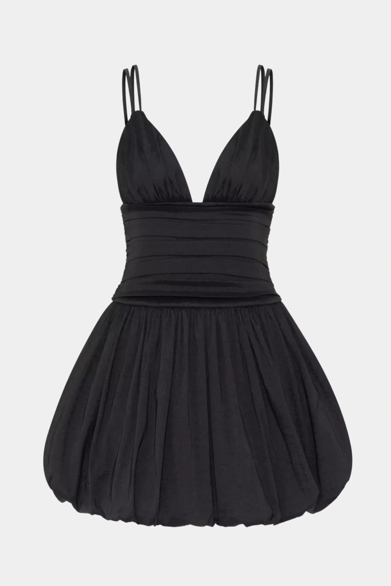 Vestido curto Flora Balonê Gaia preto com decote profundo, alças finas duplas e saia balonê