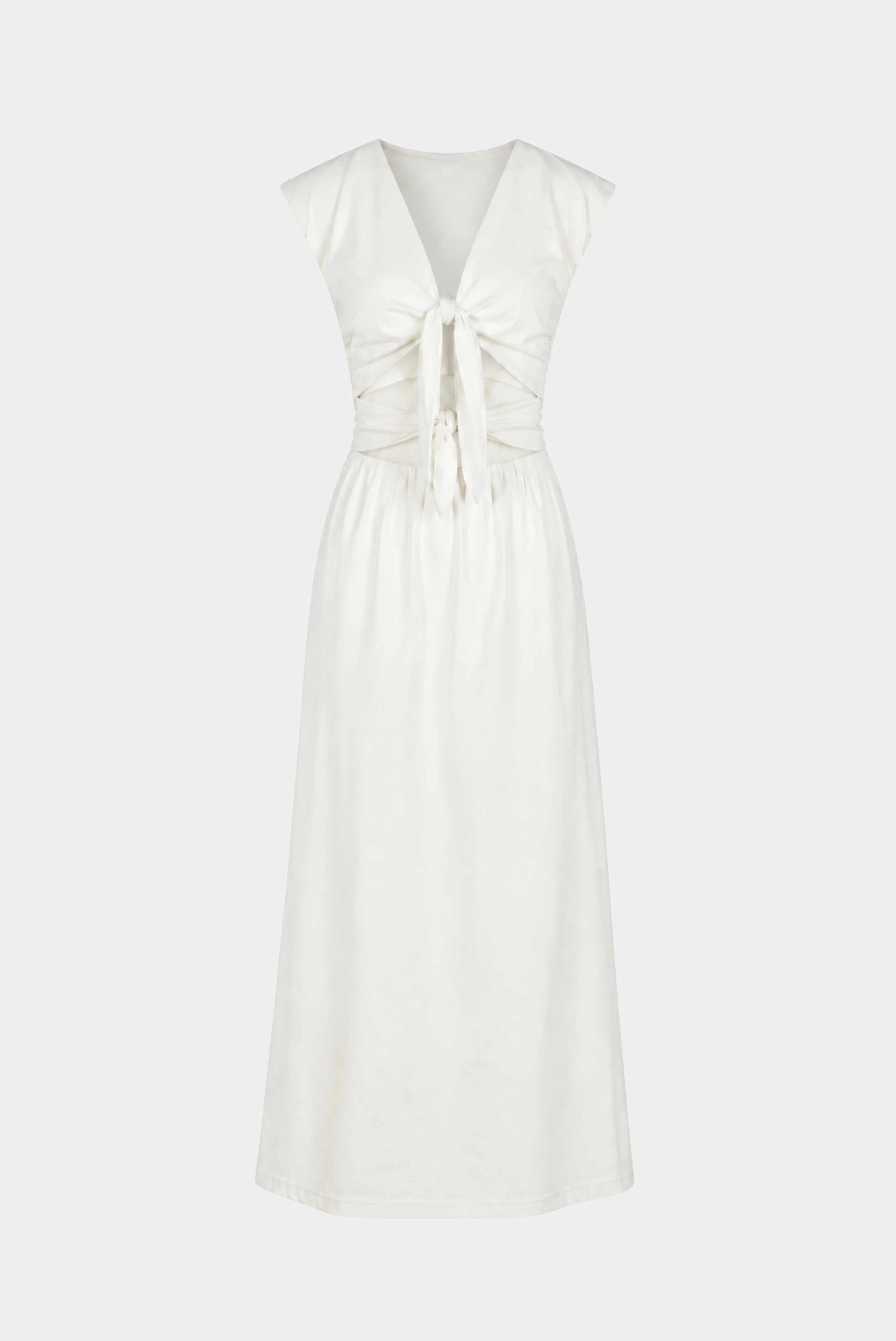 Vestido longo Elina Gaia off-white com decote V profundo, amarração frontal e cintura drapeada