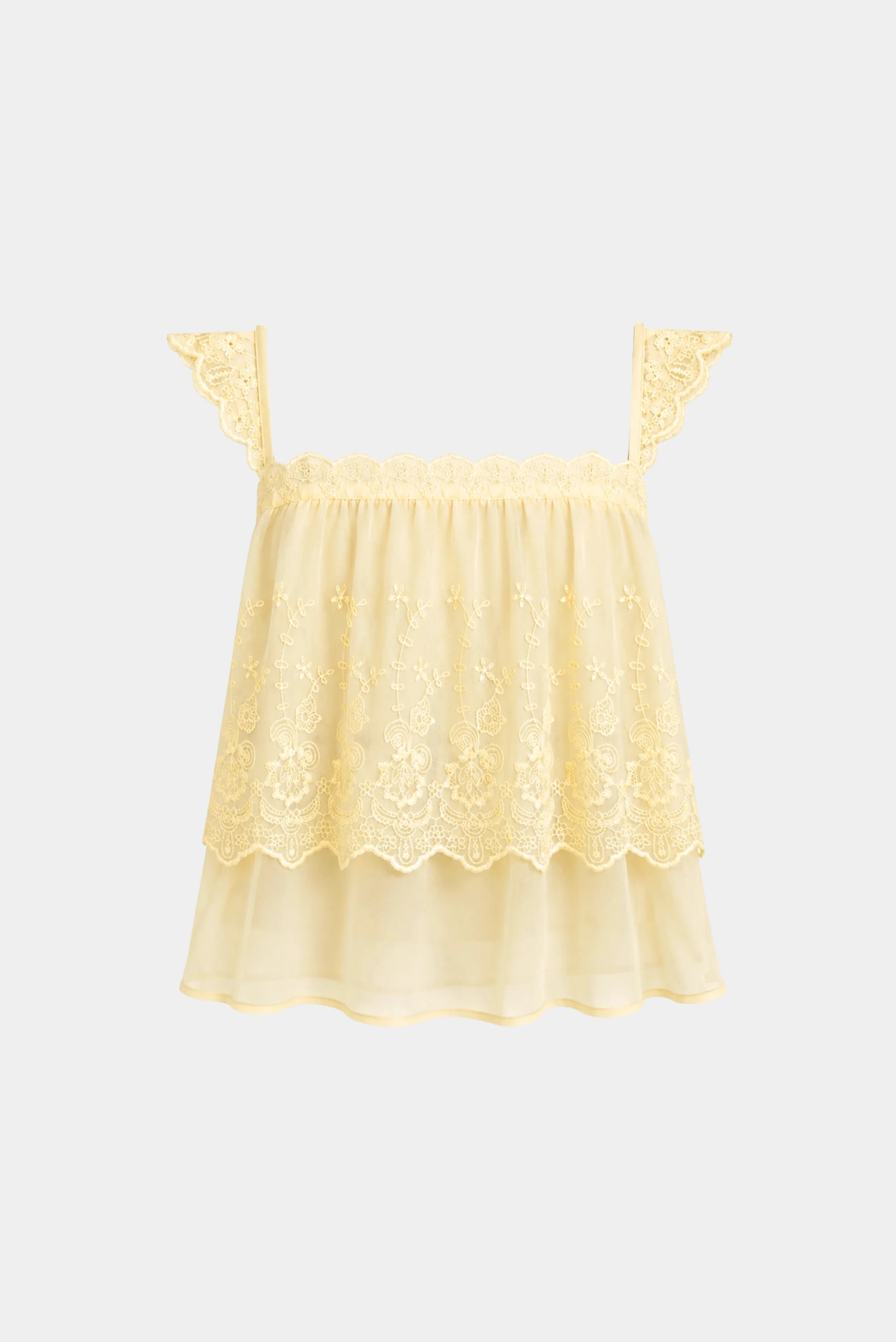 Blusa Cloe Gaia amarelo claro com alças em renda, bordado floral e modelagem soltinha