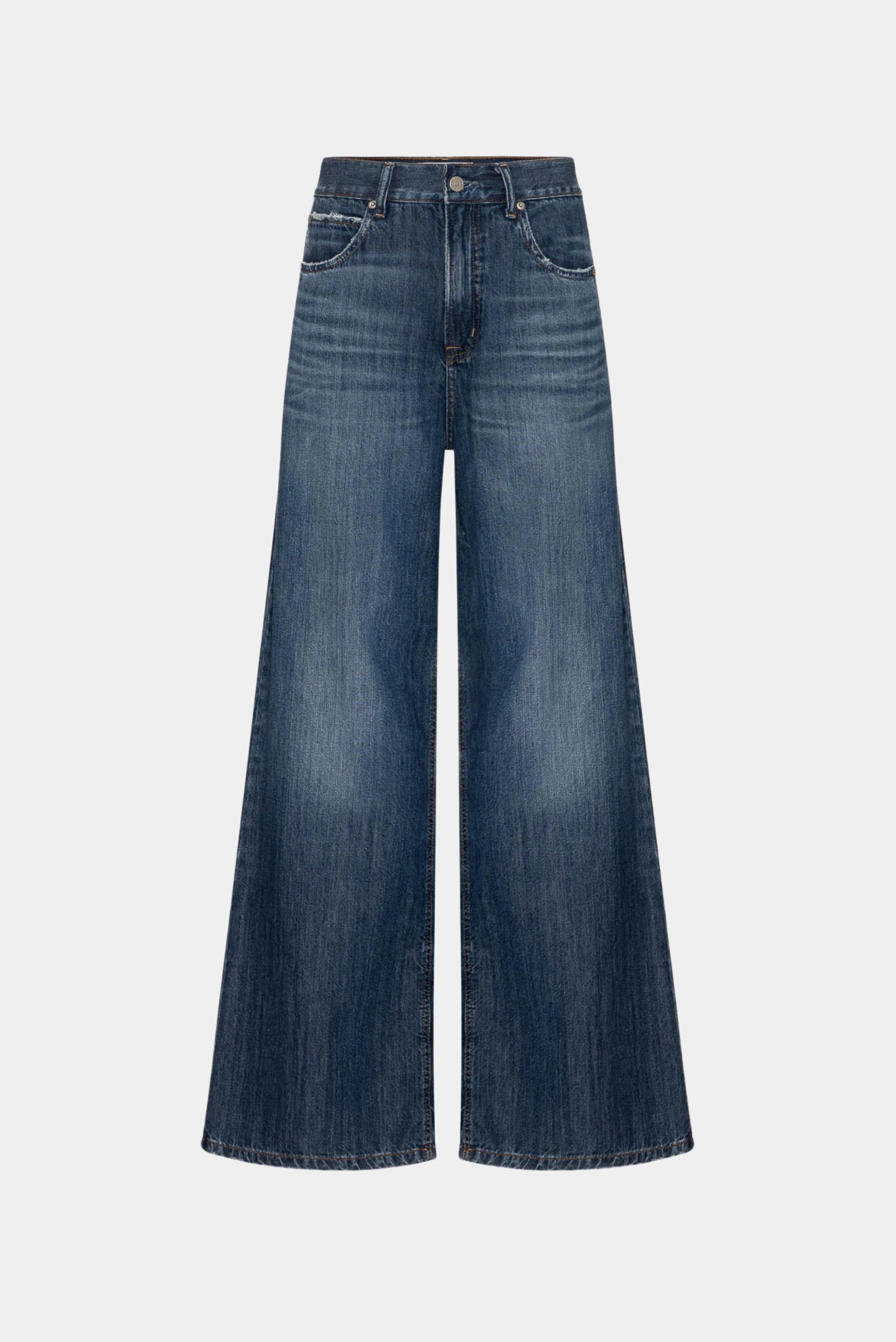 Calça jeans azul palazzo de cintura alta com modelagem ampla e lavagem escura
