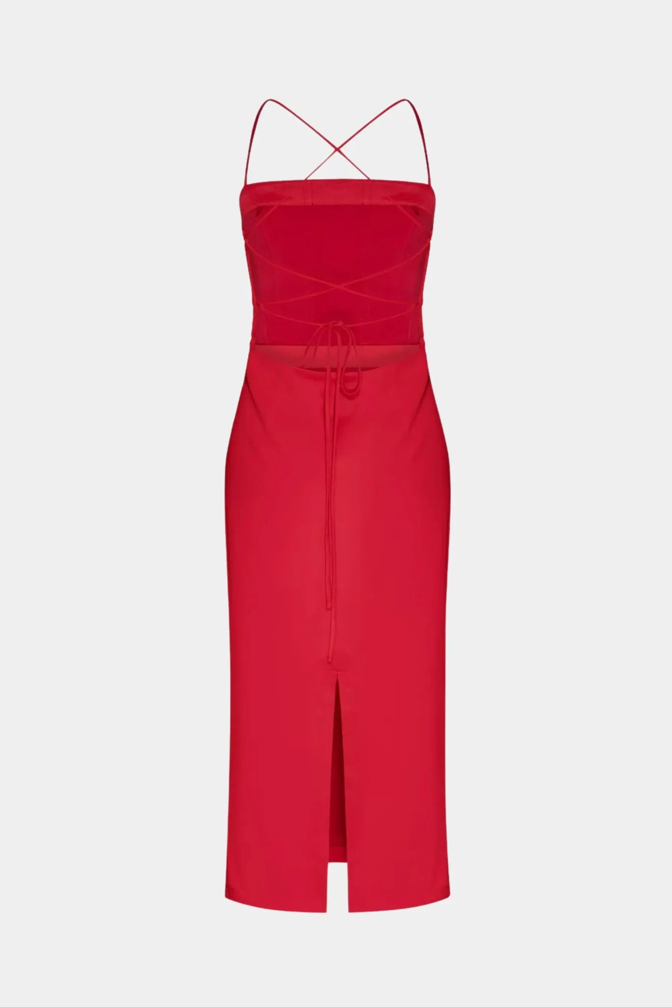 Vestido Midi Tressé Gaia vermelho com costas abertas, amarração delicada e fenda central