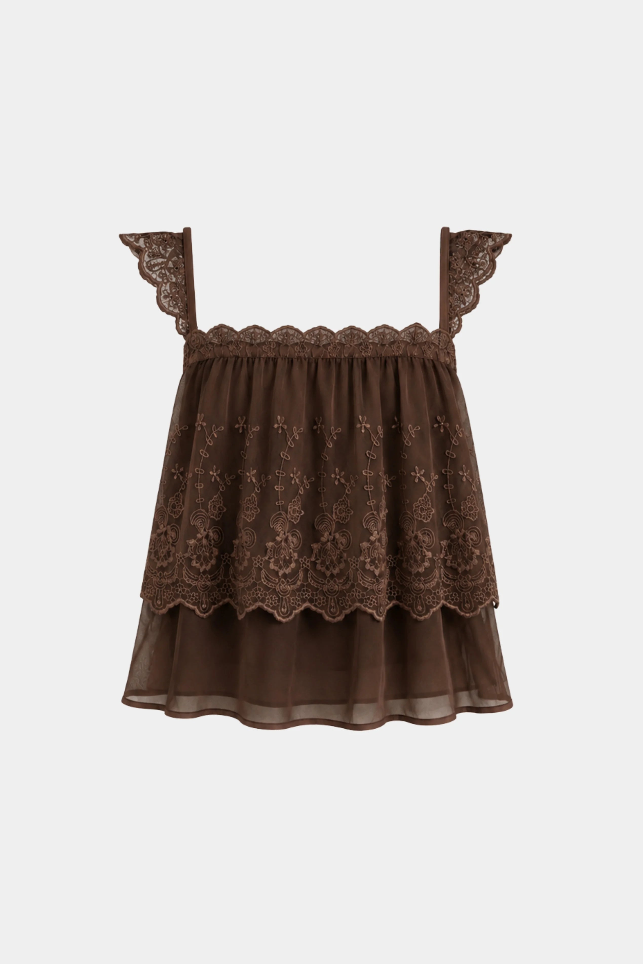 Blusa Cloe Gaia marrom com renda bordada floral e alças largas rendadas