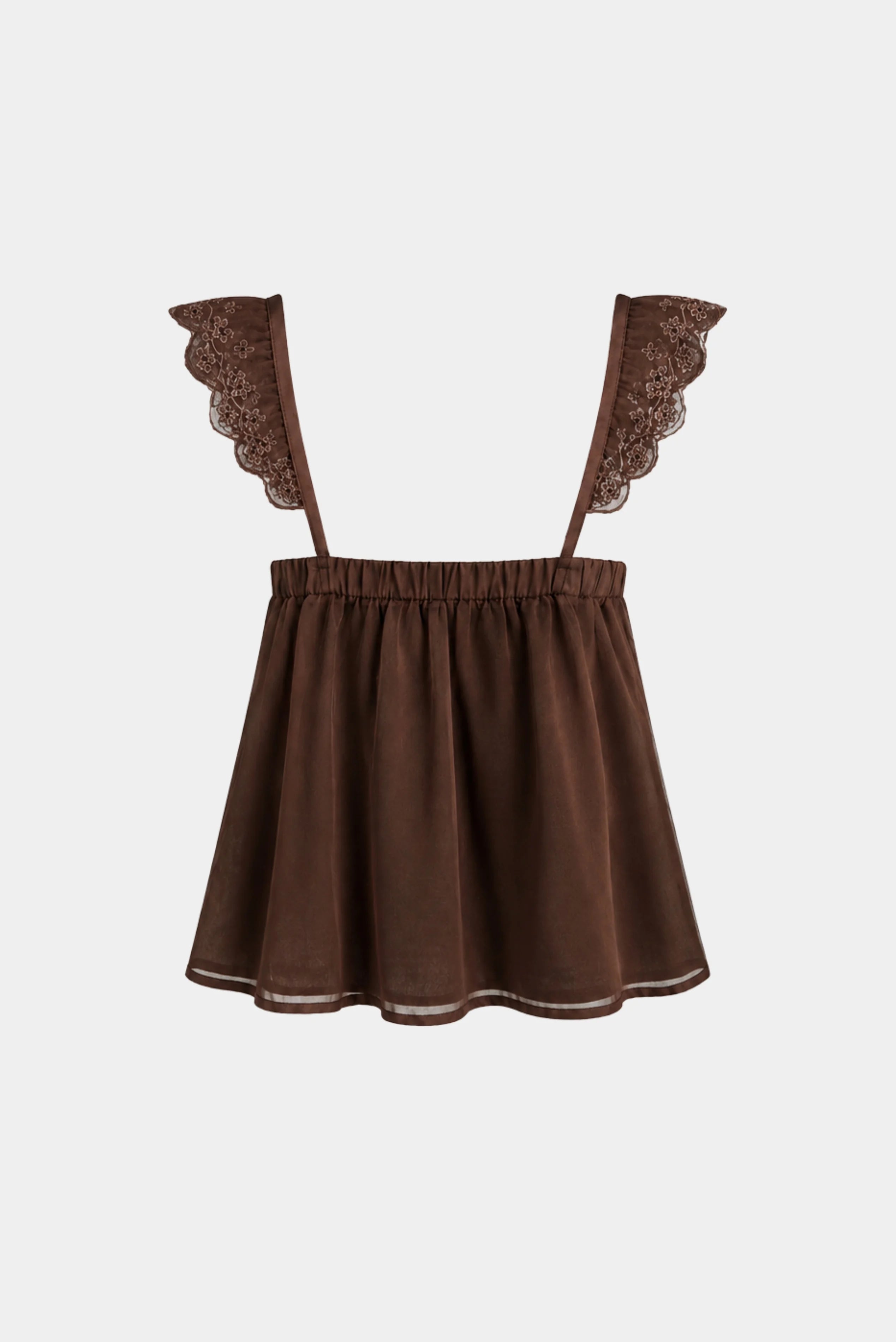Costas da Blusa Cloe Gaia marrom com alças rendadas e modelagem ampla