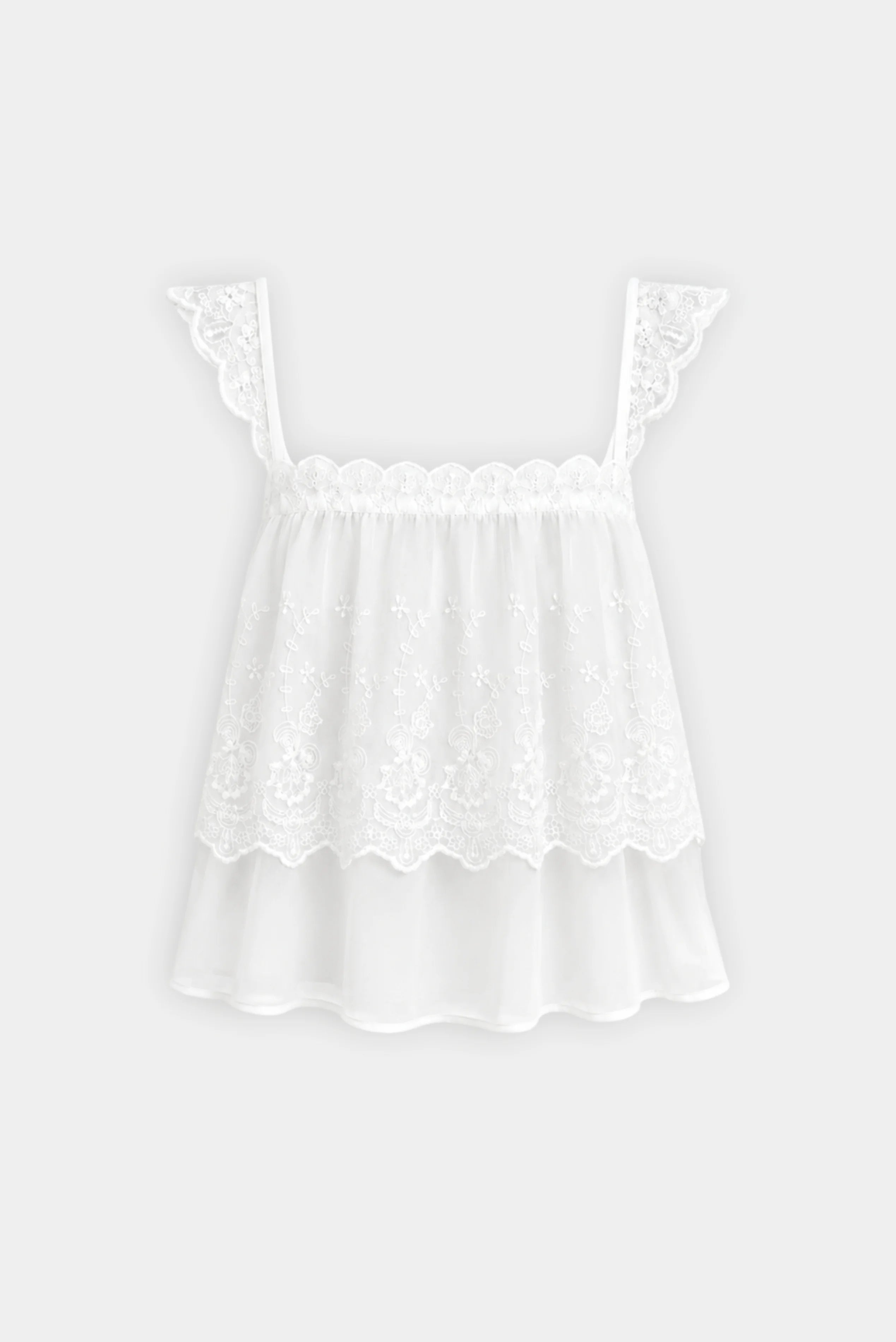 Blusa Cloe Gaia branca com alças em renda floral e detalhe bordado na parte frontal