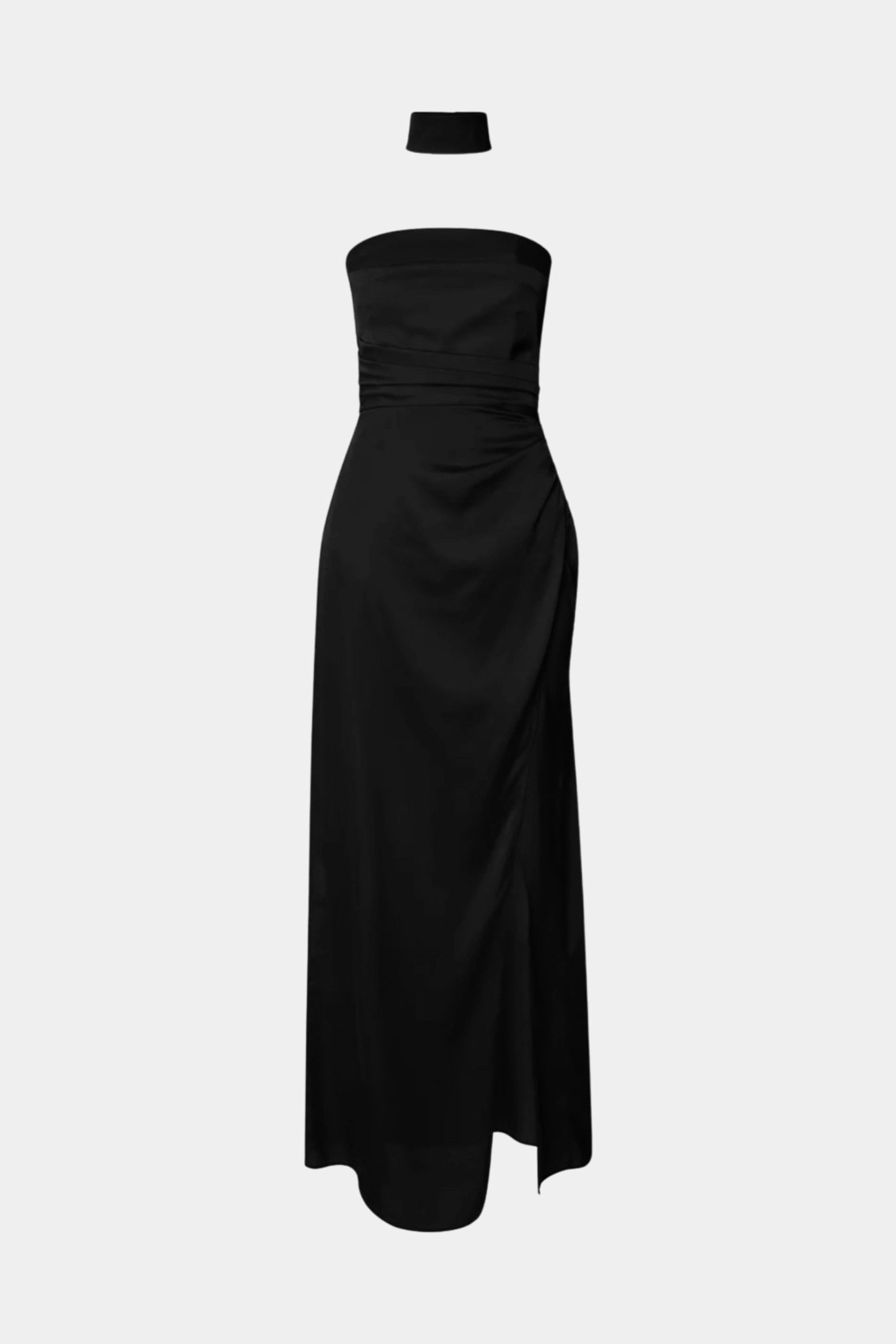 Vestido de Festa Longo Opera MR preto tomara que caia com drapeado, fenda frontal e gola removível