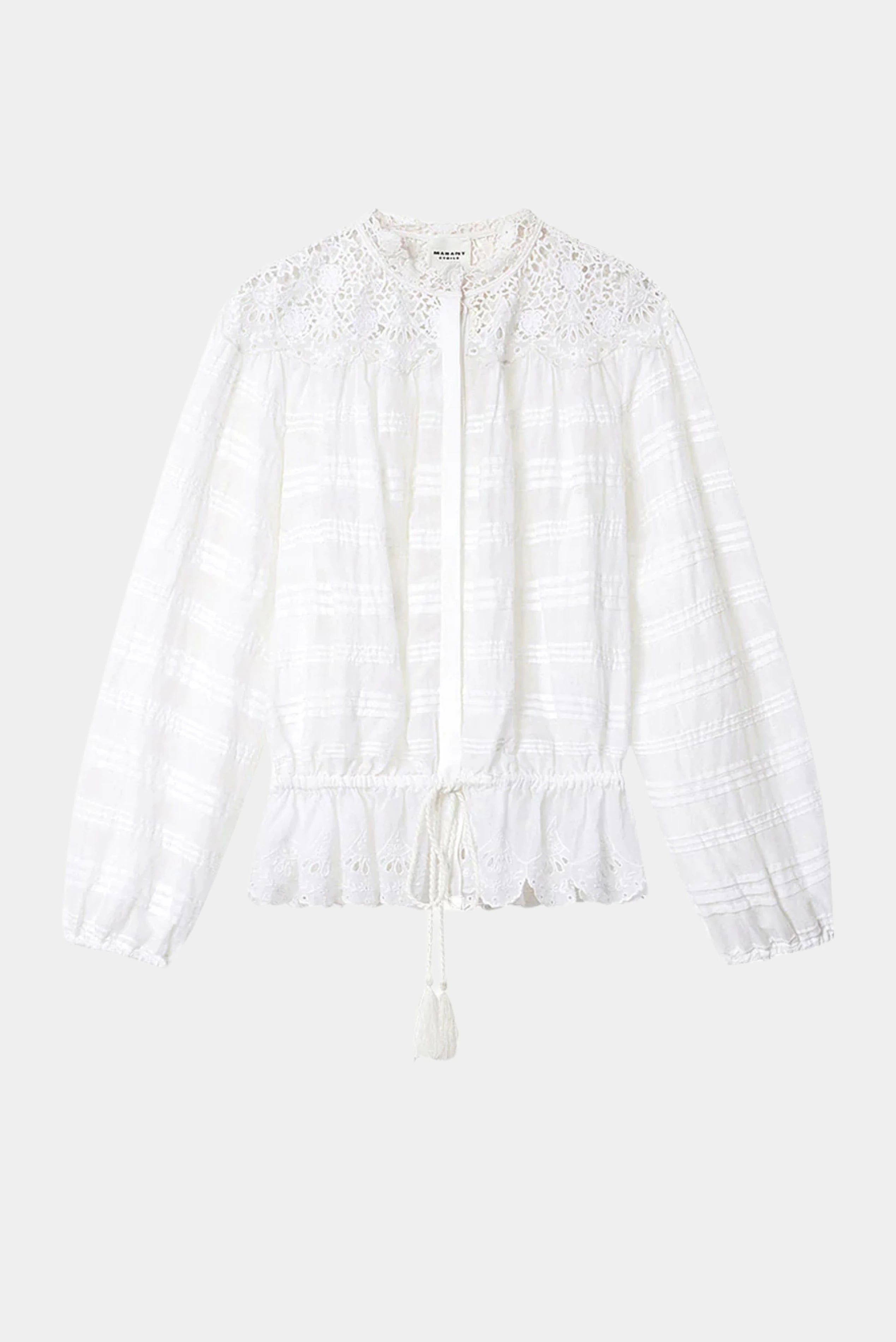 Blusa branca Isabel Marant com renda guipir, mangas bufantes e barra com babado
