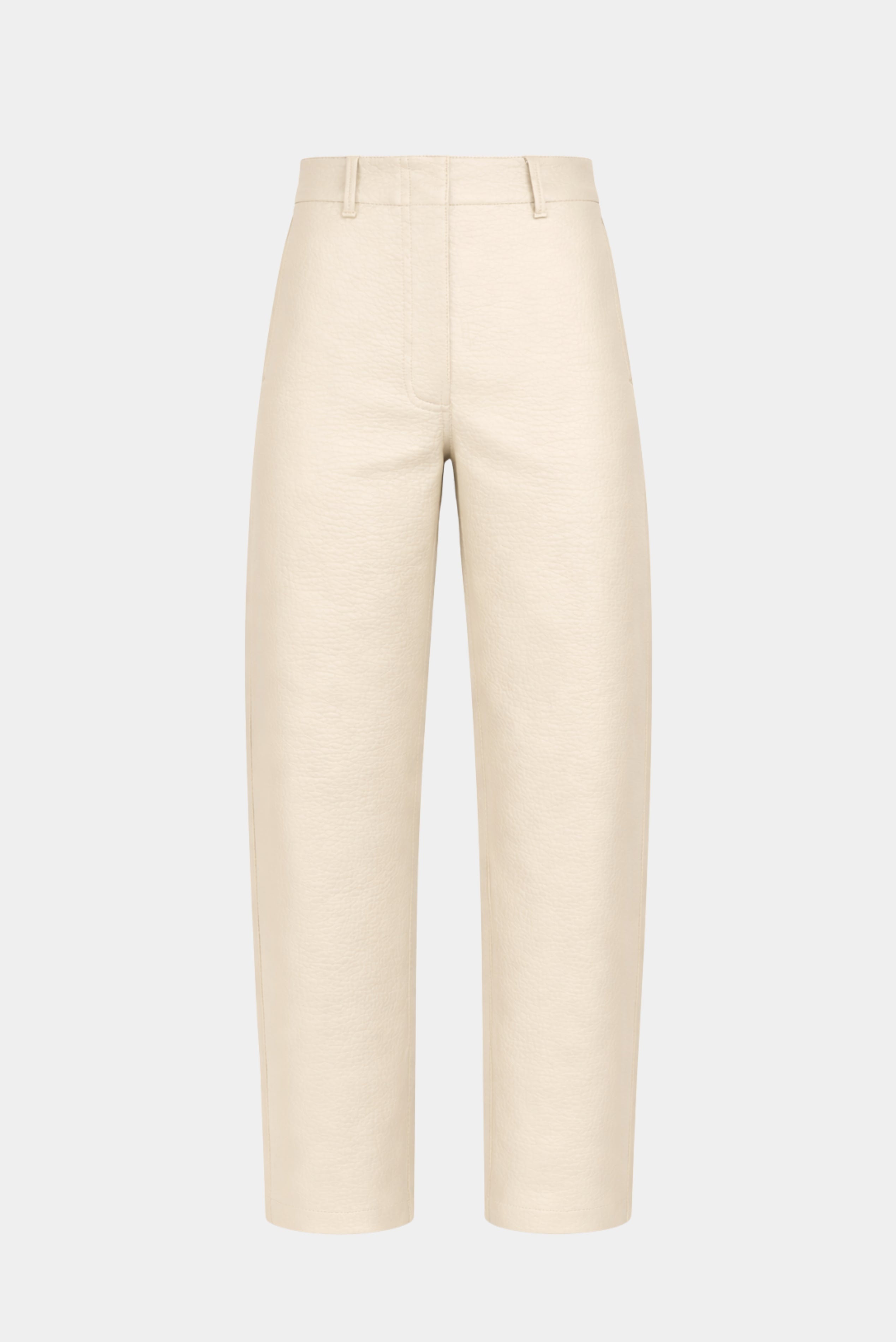 Calça Barrel Couro Philo MR off-white com textura de couro e caimento estruturado