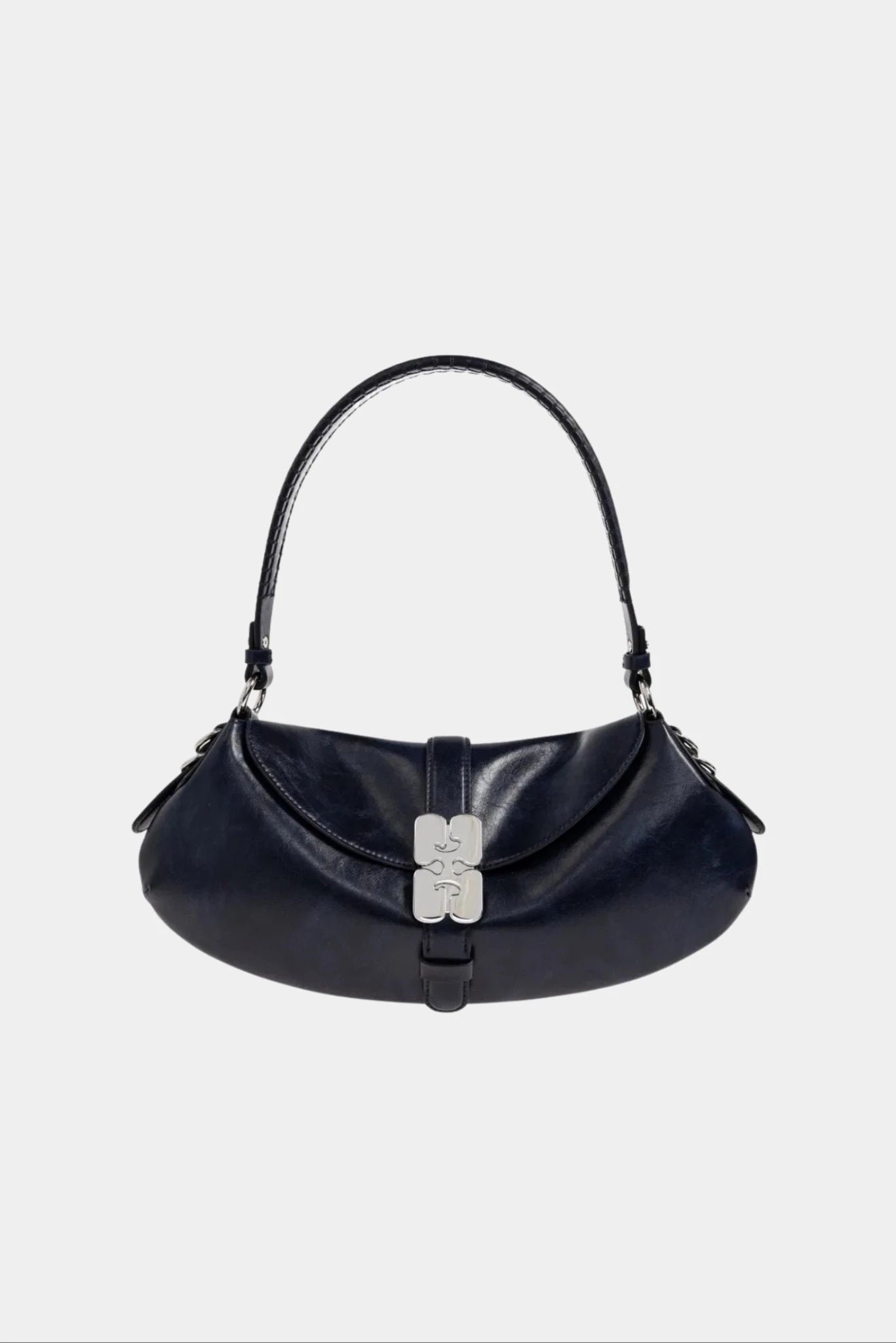 Bolsa baguette Ganni azul-marinho com fecho metálico e design curvo