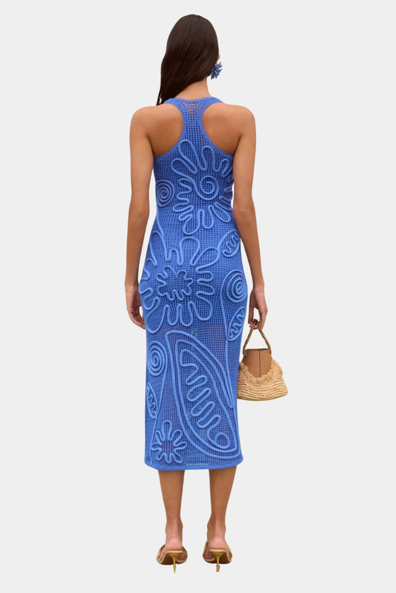 Vestido midi azul Cult Gaia com costas nadador e detalhes florais em relevo