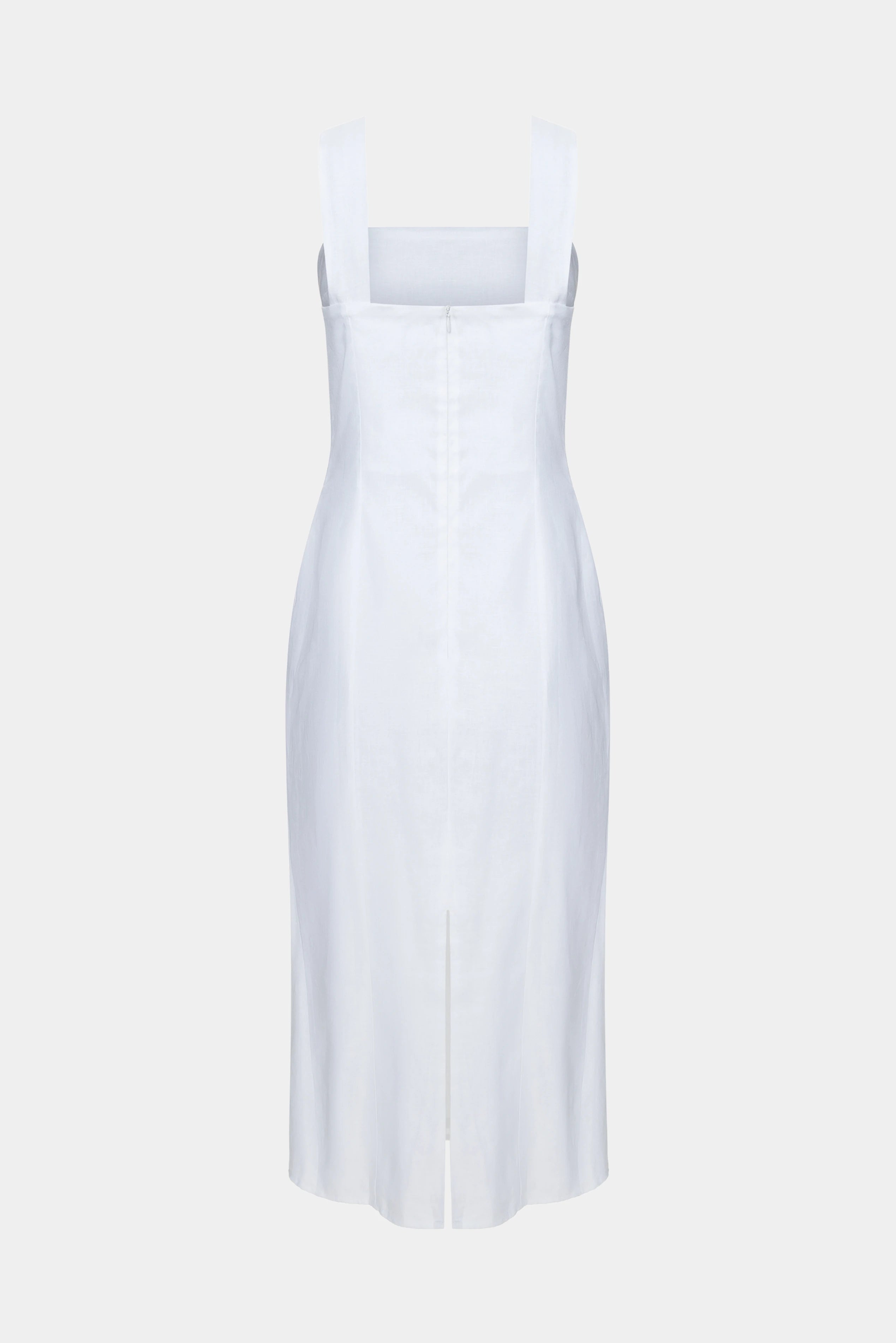 Costas de vestido midi ombre branco com alças largas e fenda central traseira