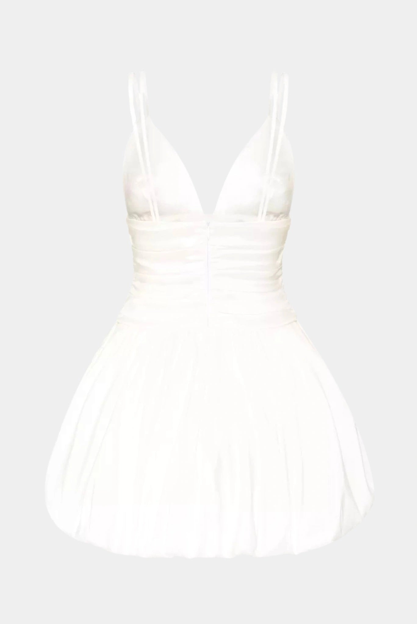 Costas do vestido curto Flora Balonê Gaia off-white com alças duplas e saia balonê estruturada