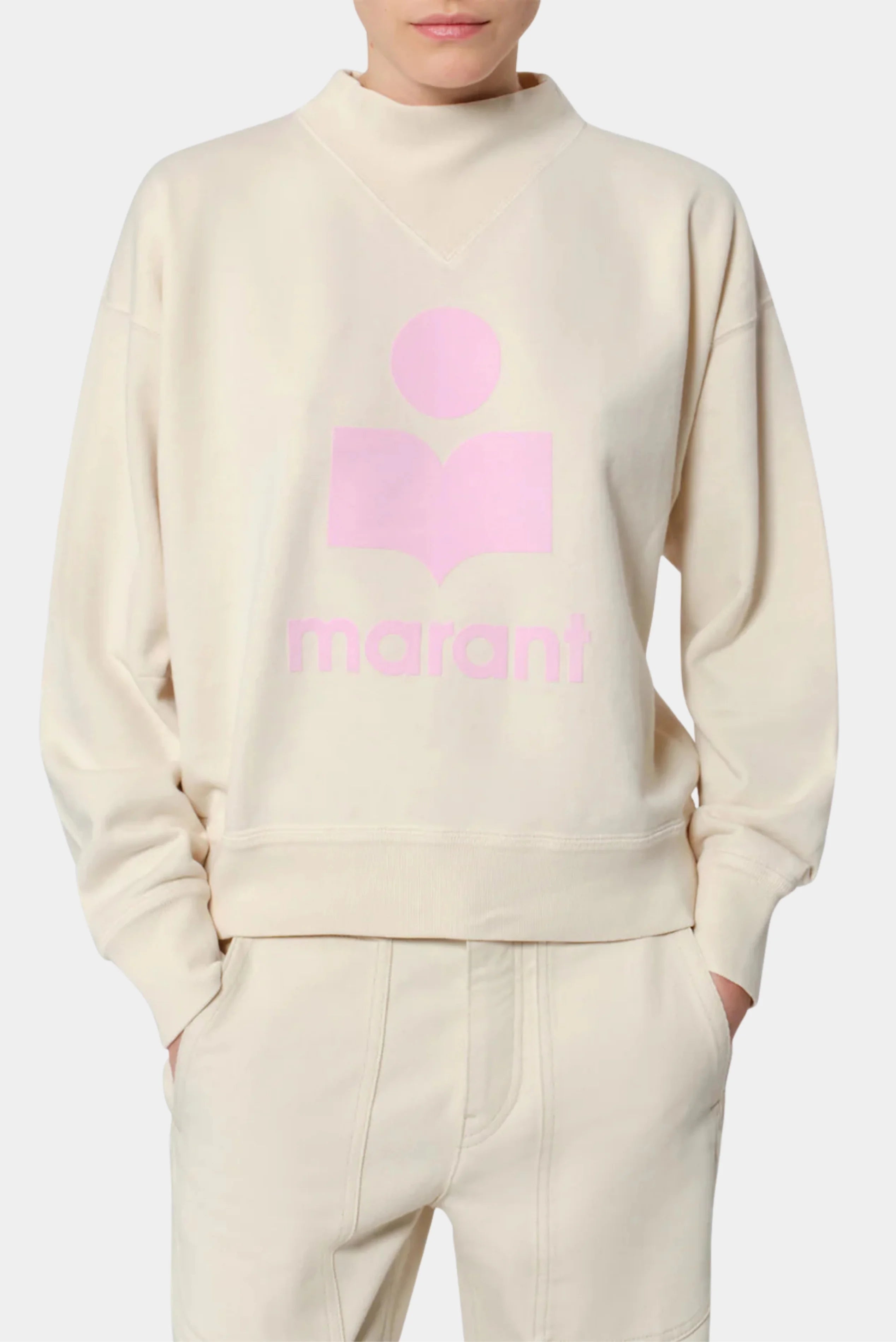 Moletom Moby Isabel Marant off-white com logo rosa e gola alta canelada