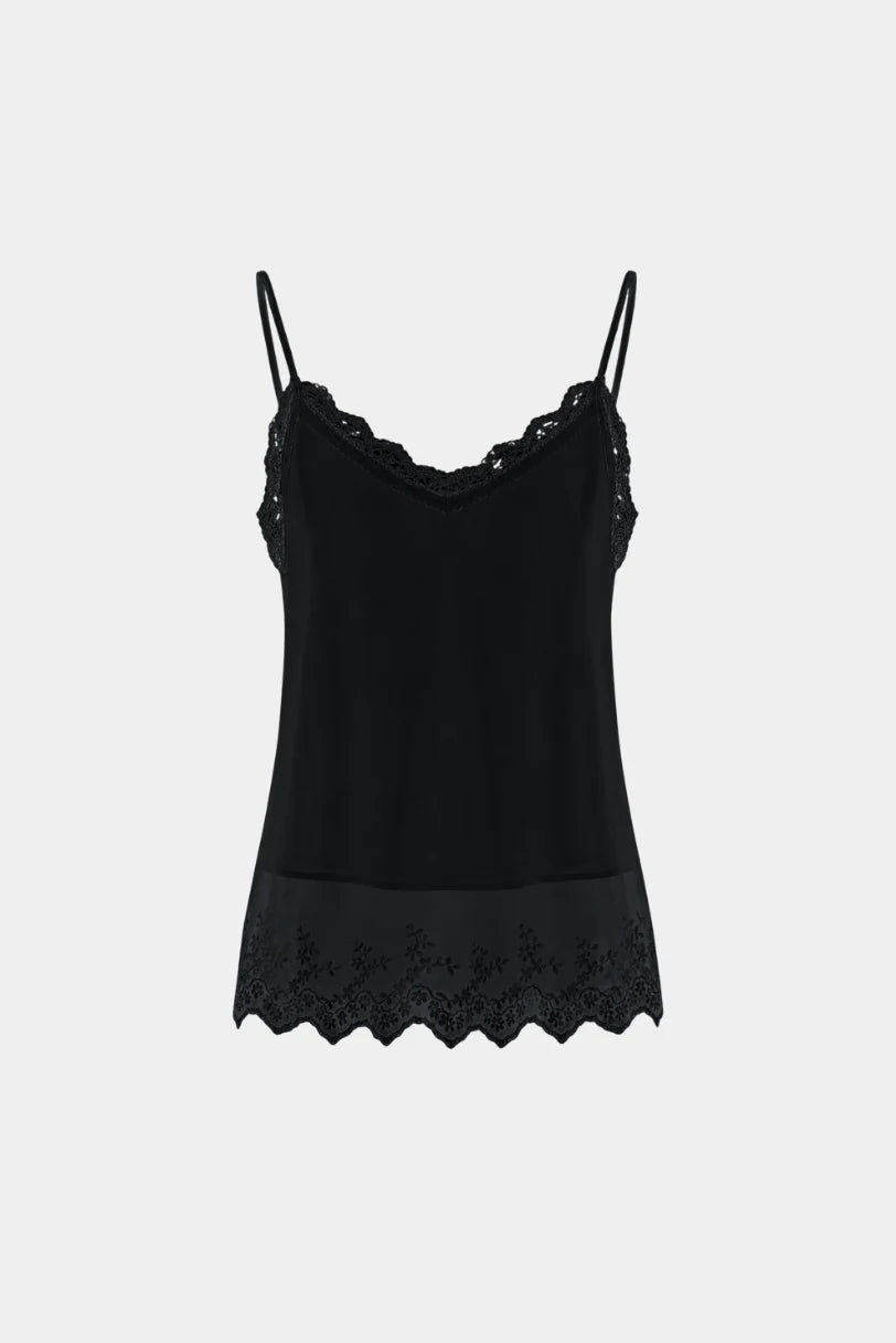 Top Lauren Gaia preto com alças finas, decote em V e renda floral na barra