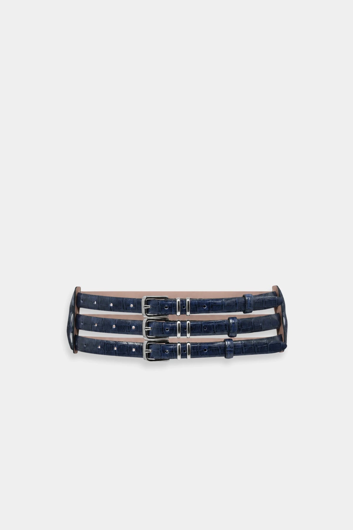 Cinto Triplo Croco Francesca azul-marinho com três tiras e fivelas metálicas
