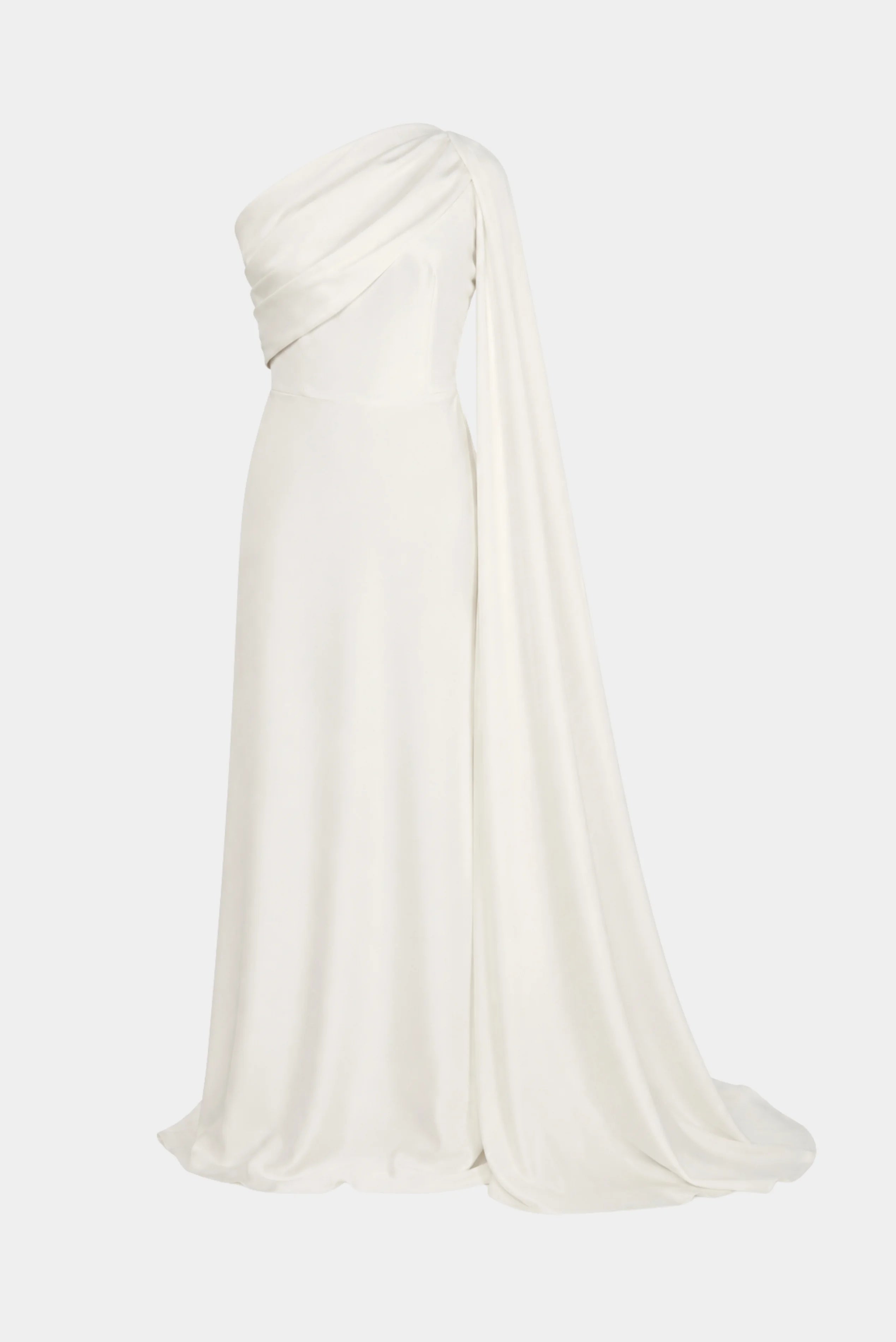 Vestido longo Isabelle Fabulous em cetim off-white com um ombro só e capa fluida