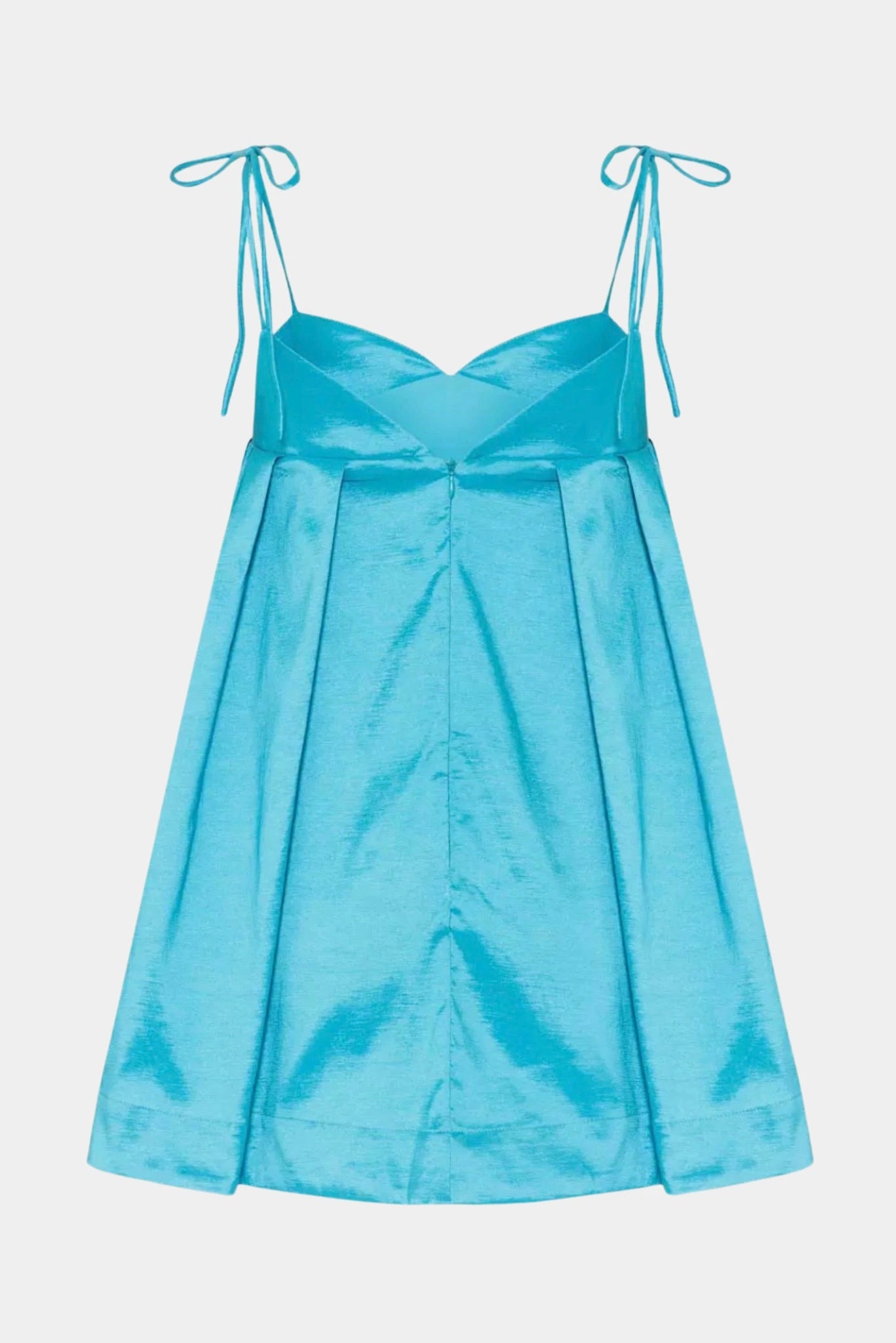 Costas do Vestido Curto de Festa Evasê Hami Gaia azul turquesa com alças de amarração
