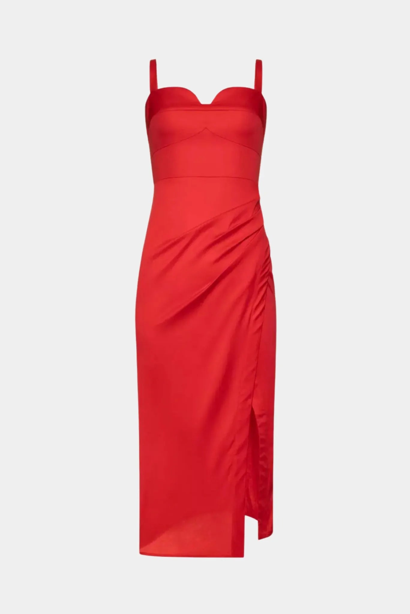 Vestido Midi Lia Gaia vermelho com decote coração, drapeado lateral e fenda frontal