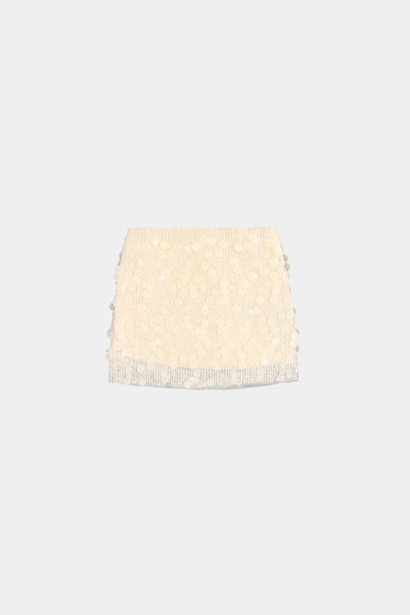 Saia Paetê Glow Gaia off-white com aplicação de paetês e visual sofisticado para eventos
