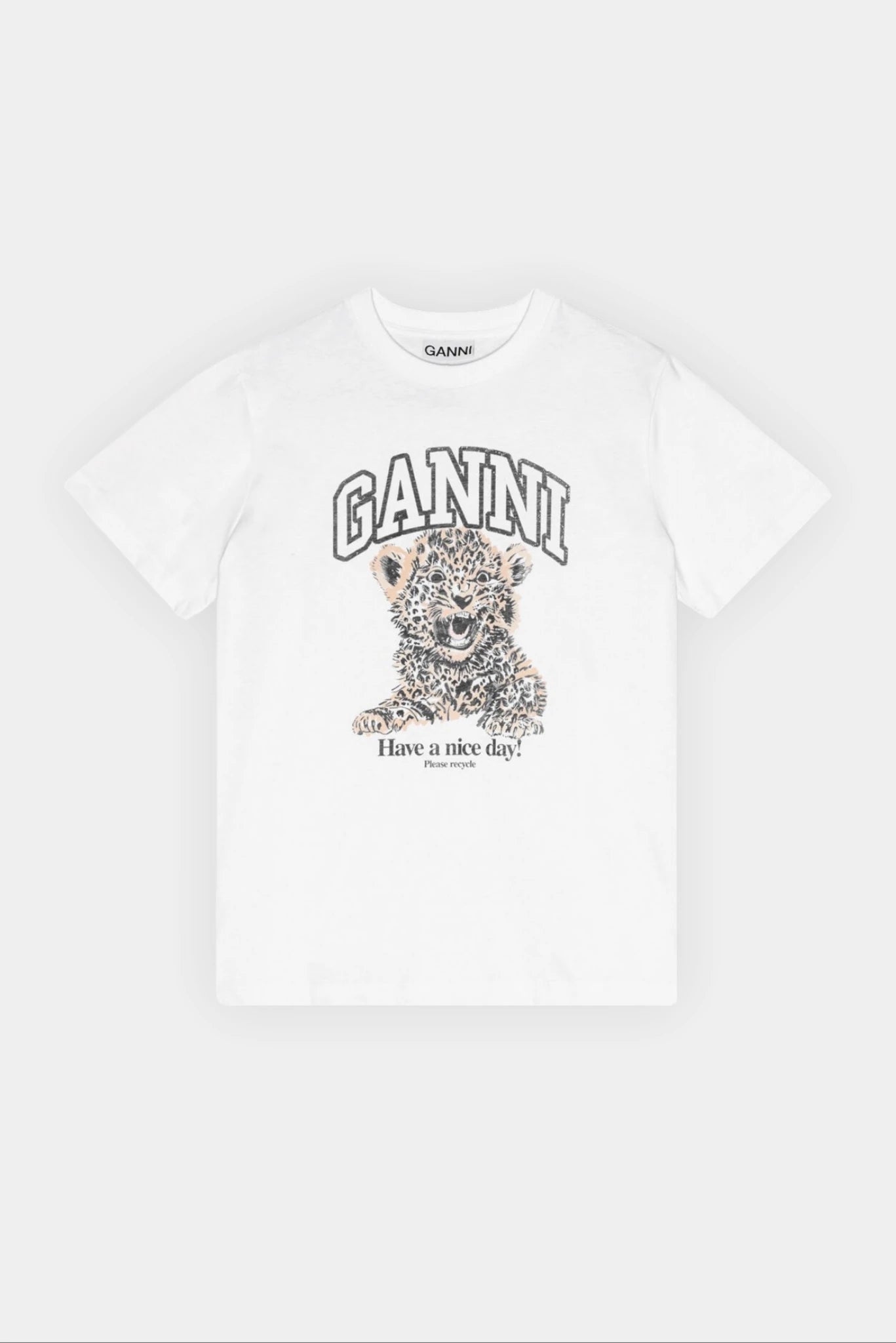 Camiseta branca Ganni com logo estampado e ilustração de filhote de leopardo