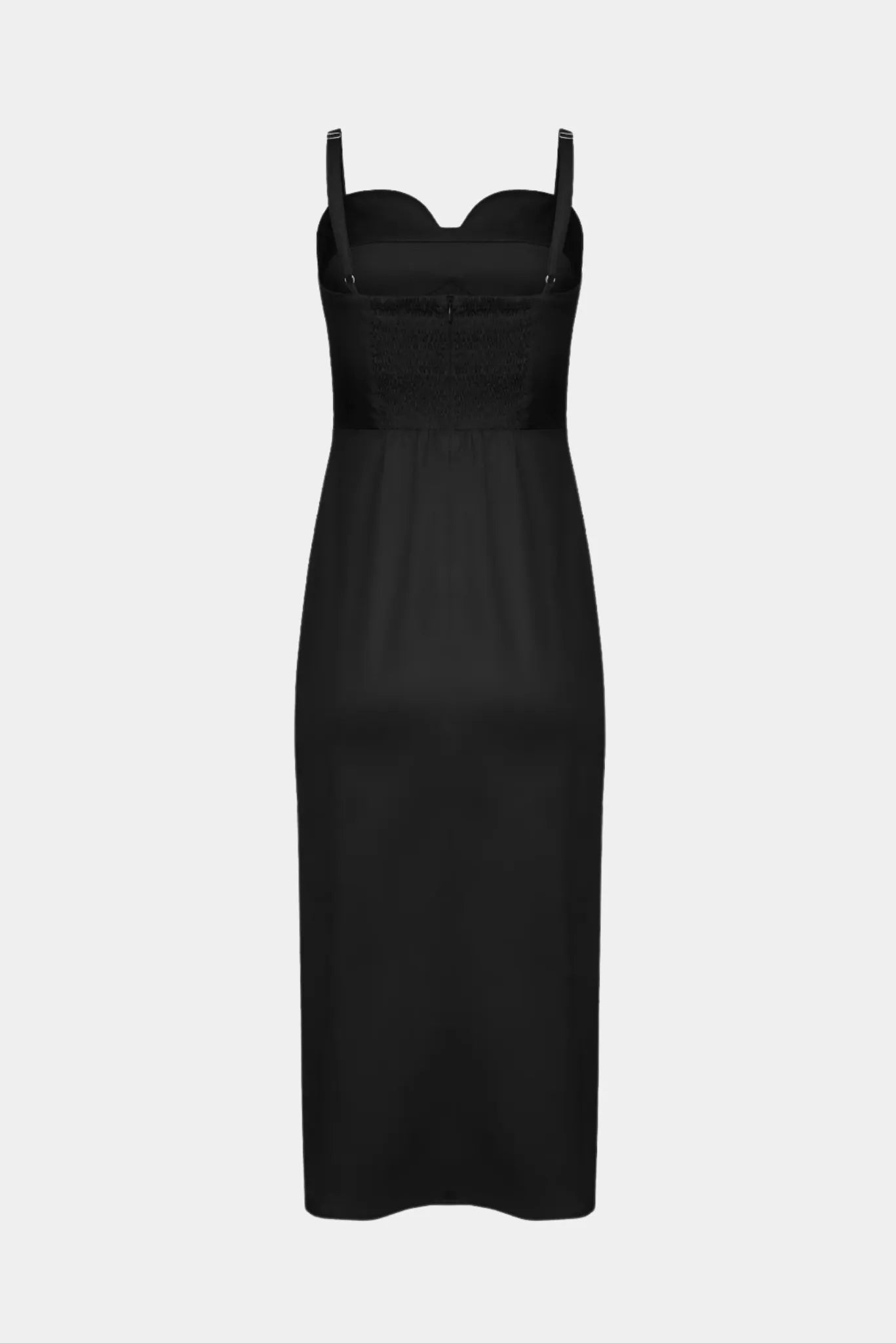 Costas do Vestido Midi Lia Gaia preto com alças finas reguláveis e modelagem reta