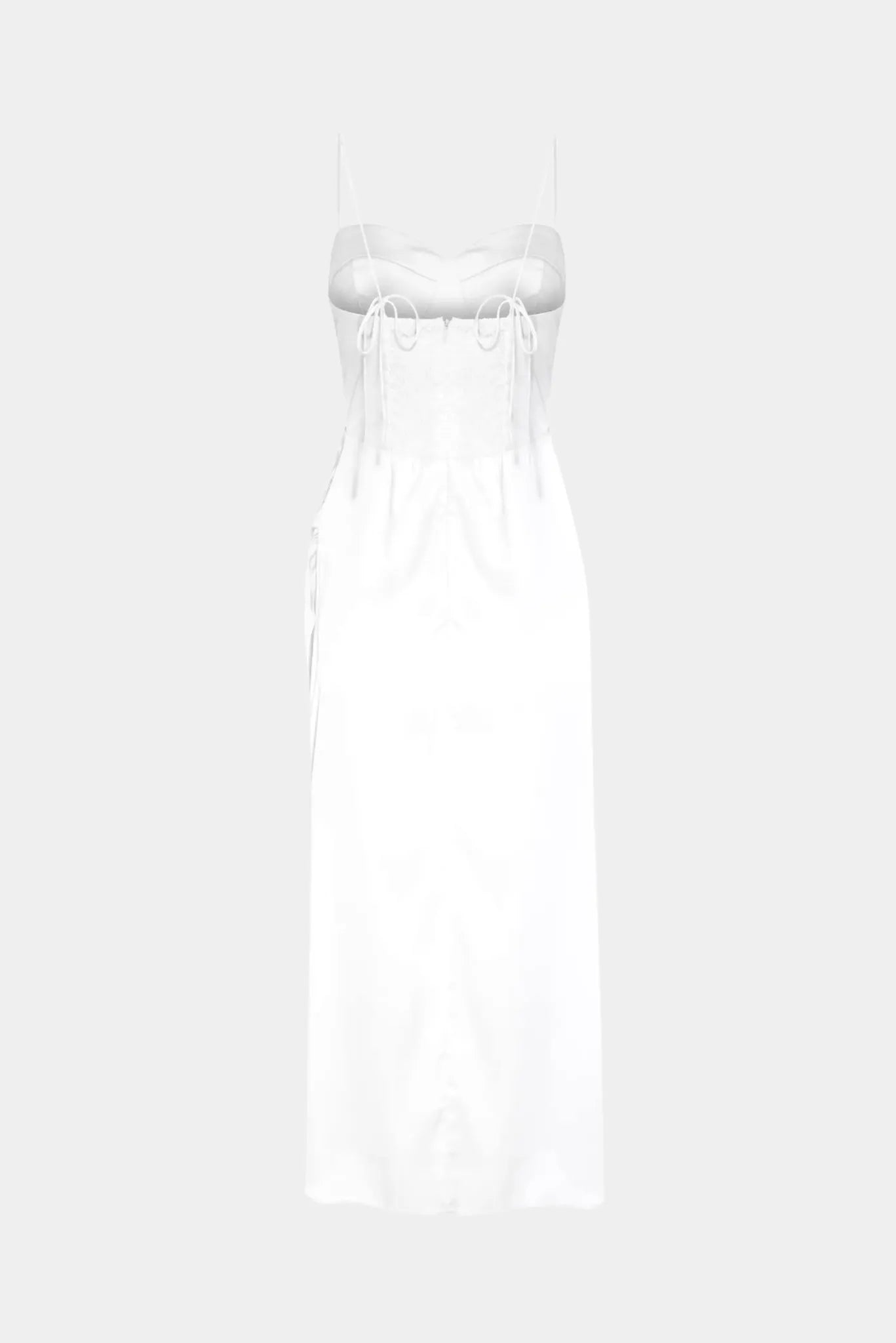 Costas do vestido midi Annabelle Gaia branco com lastex e amarrações laterais